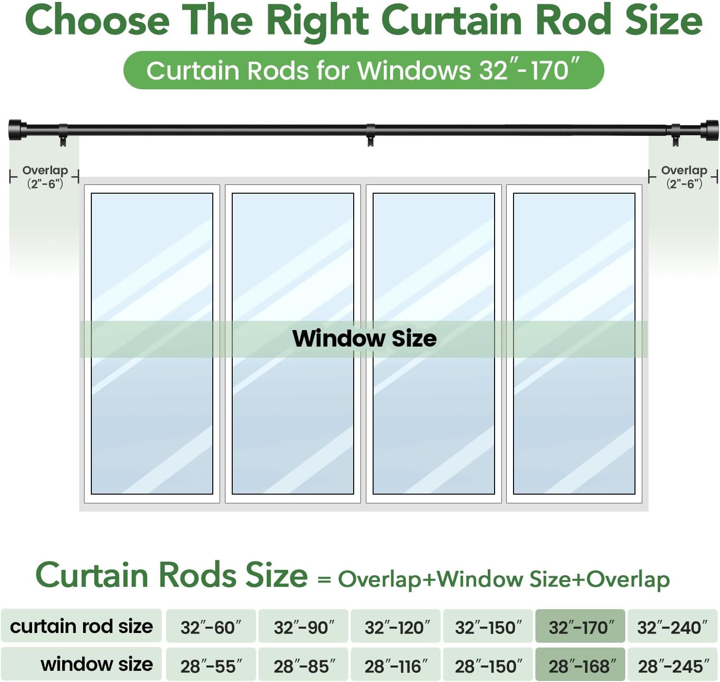 Time Forest Curtain Rods for Windows 32 to 170, 1 Inch Adjustable Black Heavy Duty Long Window Outdoor Curtain Rod for Patio, Modern Drapery Rods with Simple End Caps, Size 32-170