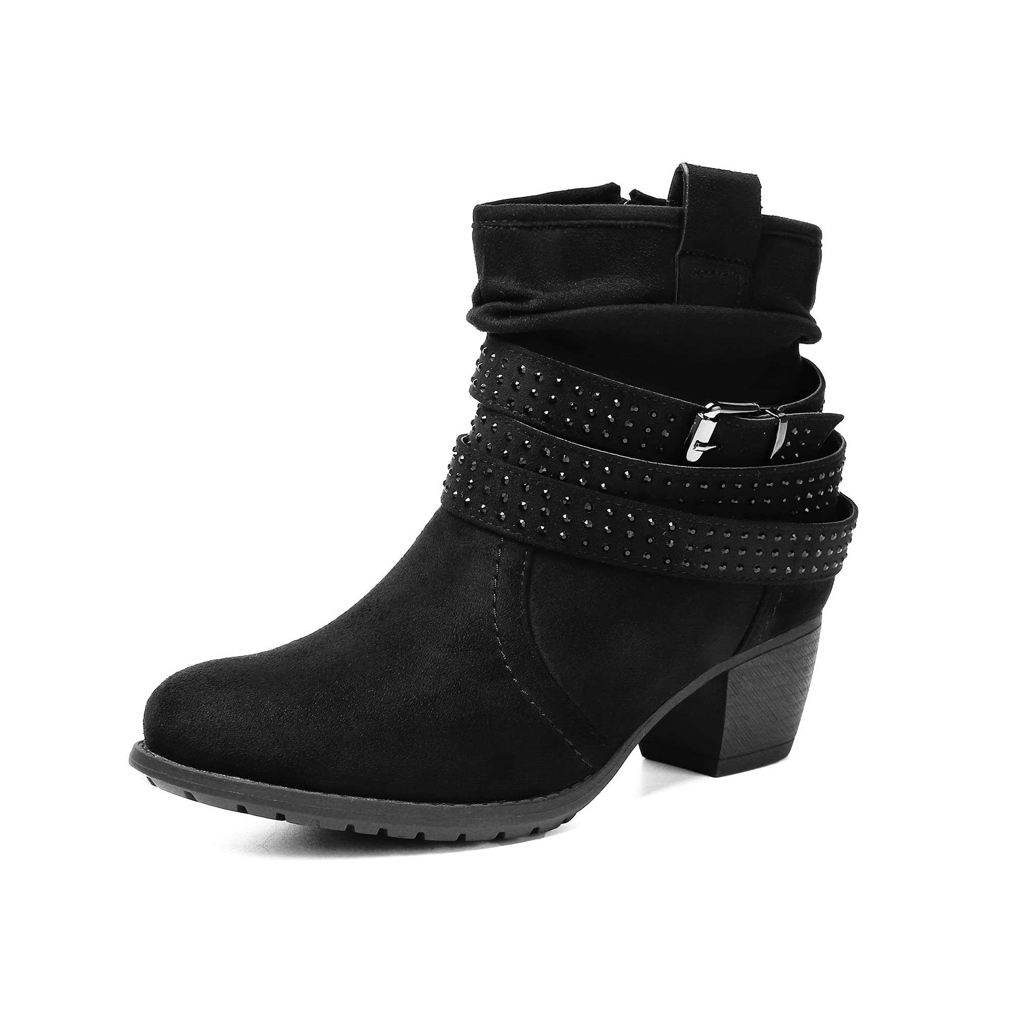 VJH confortWomen's Mid Calf Boots,Round Toe Comfort Low Heel Slouchy Dress zip booties with Jeweled strap