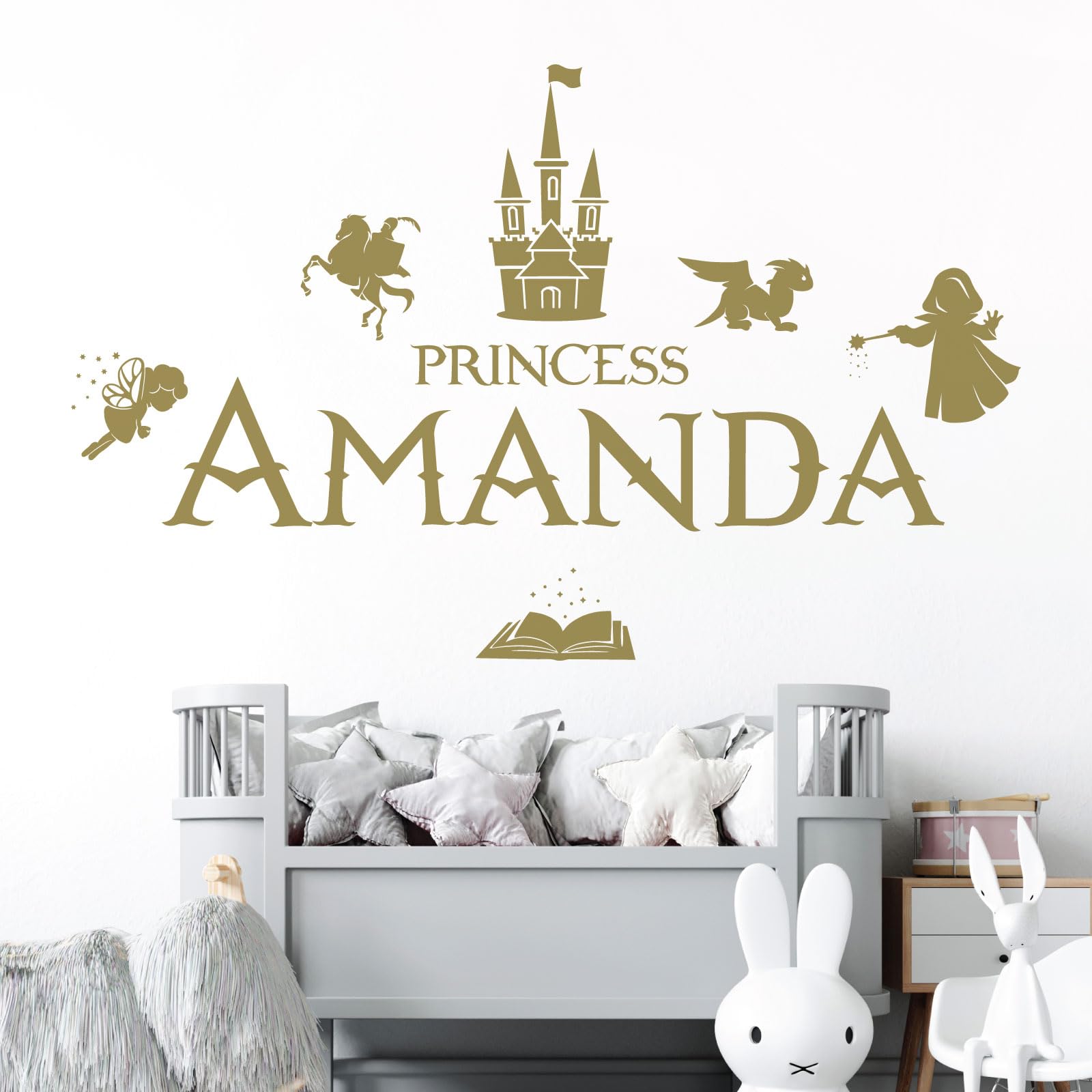 Personalised Name Girls Wall Art Sticker - Princess Castle Dragon Knight Magic Tale Wizard [Medium] [Gold]