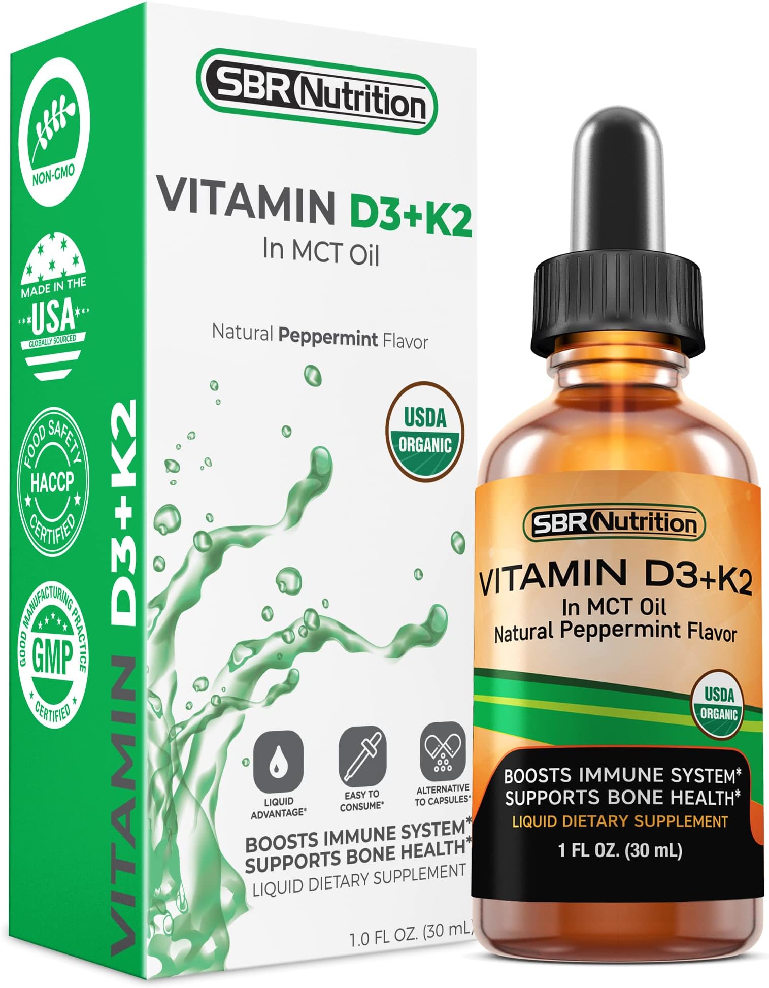 SBR Nutrition Max Absorption Vitamin D3 + K2 Liquid Drops with Mct Oil, Peppermint Flavor, Helps Support Strong Bones and Healthy Heart