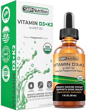 SBR Nutrition MAX Absorption, Vitamin D3 + K2 MK-7 Liquid Drops with MCT Oil, Peppermint Flavor, Helps Support Strong Bones and Healthy Heart