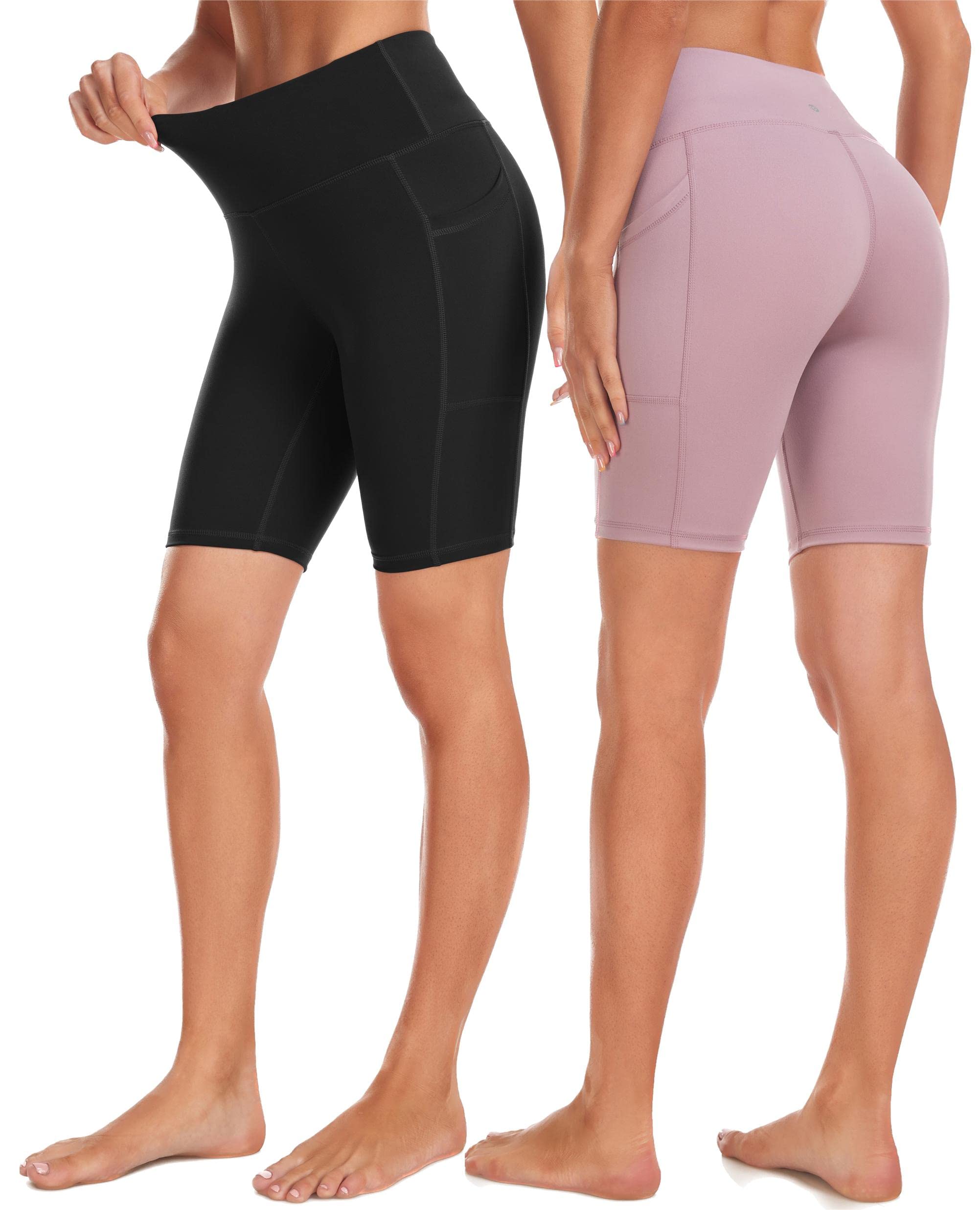 IBL Womens Buttery Soft Leggings with Pockets 27", High Waisted Compression Workout Lounging Yoga Pants 8" Shorts Large Black/Dusty Pink