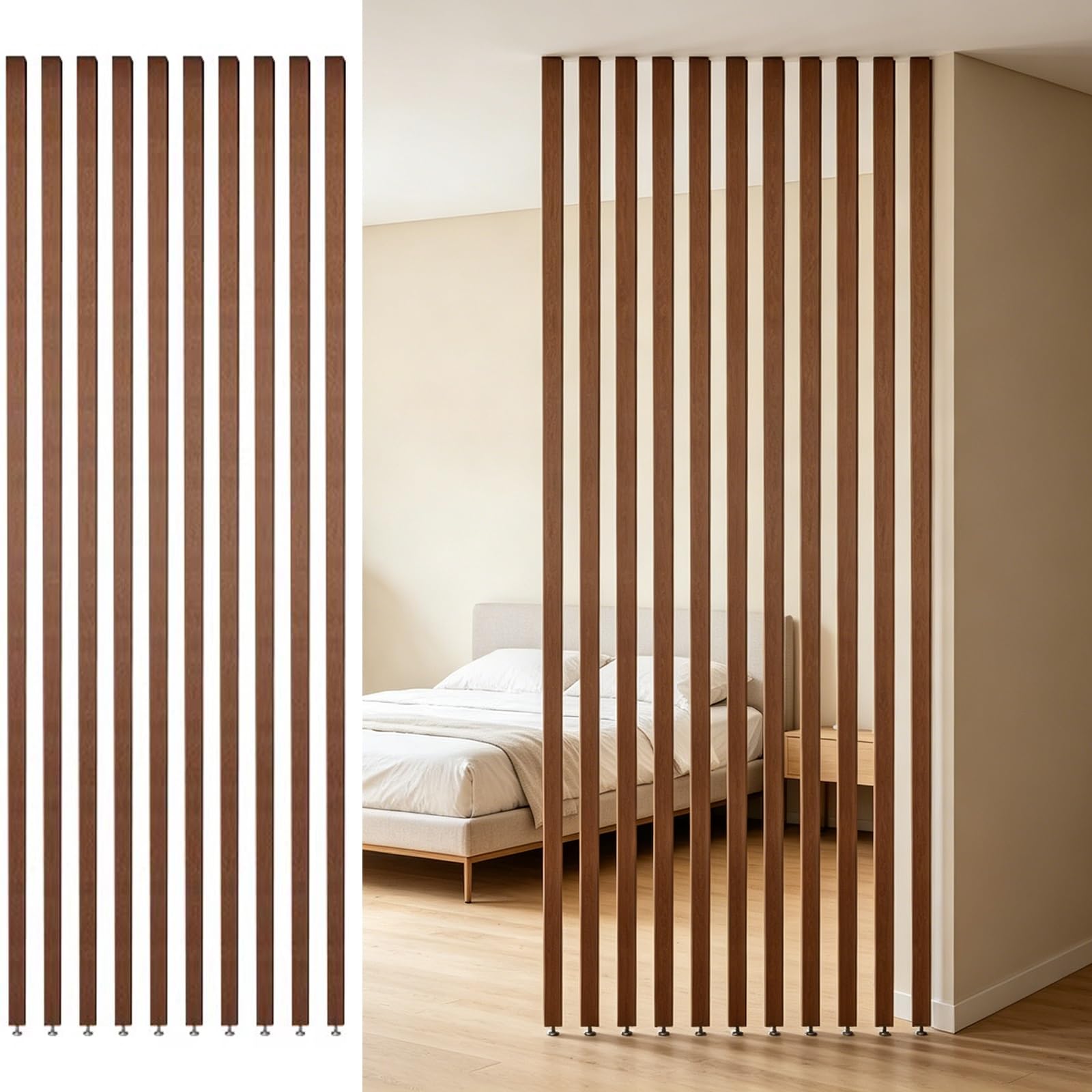 10pcs Solid Wood Slat Room Divider Posts, Adjustable Freestanding Partition Columns, Custom Height Indoor Entrance Space Separator(155cm/61in/5.08ft)