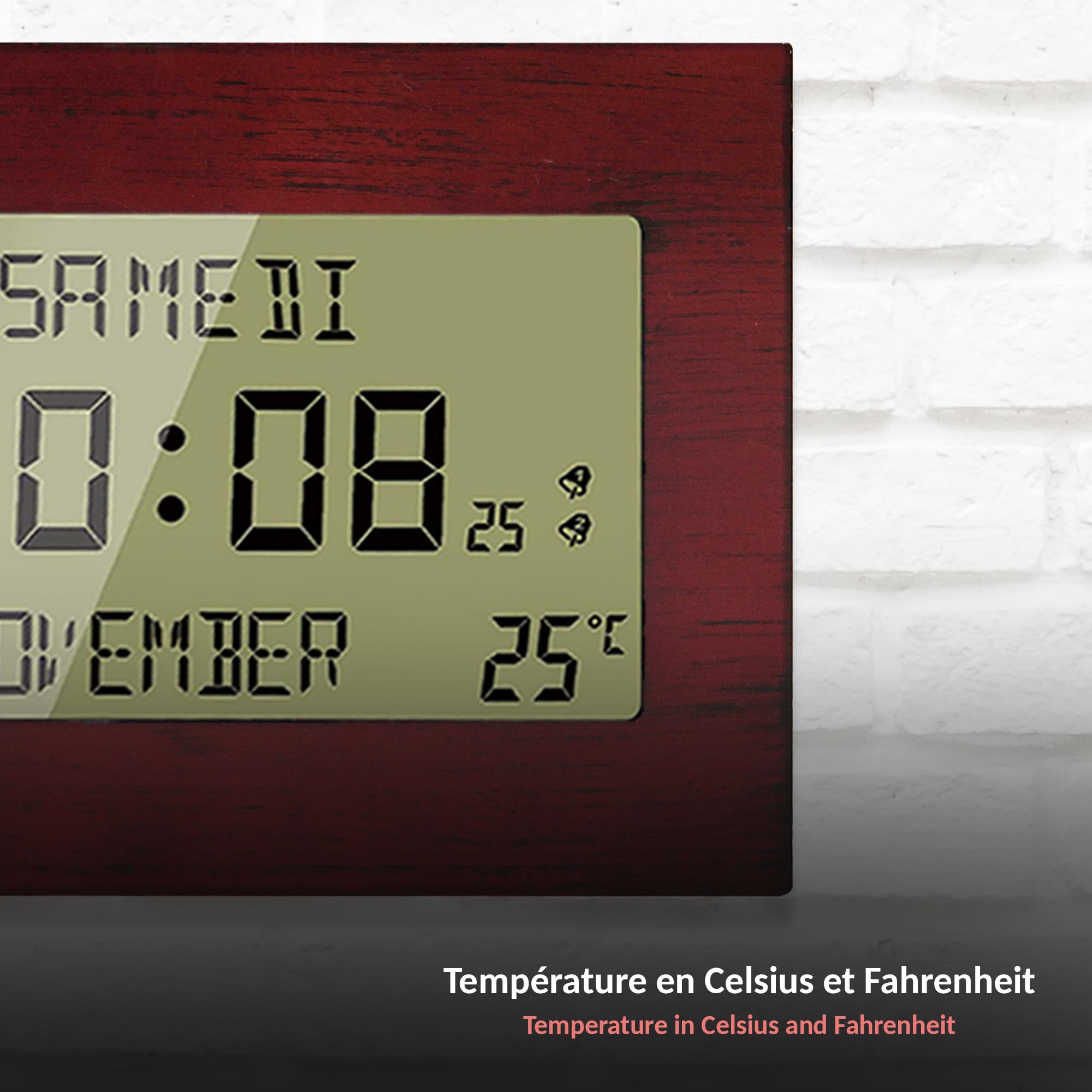 Fishtec Horloge Réveil Numérique Radiopilotée Motif Bois Grand Écran LCD Date Jour Température Double Alarme Snooze 23 x 16 cm