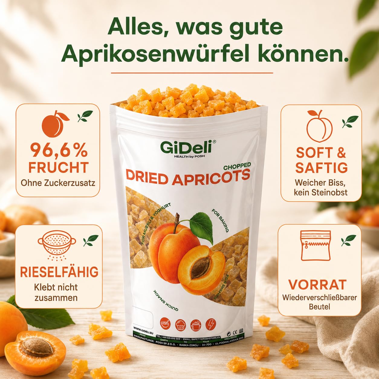 GiDeli Getrocknete Aprikosen 4X5kg Gewürfelt Ohne Zuckerzusatz Für Müsli | hoher Fruchtanteil, klebt nicht dank Reismehl, direkt einsatzbereit, ideal für Müsli, Joghurt und zum Backen