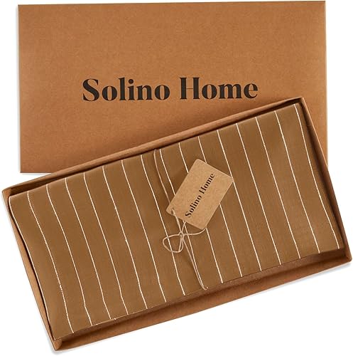 Miniatura 5 de Solino Home Mantel cuadrado de lino  52 x 52 pulgadas, color camello y blanco  Mantel de lino 100% puro a rayas para otoño, Acción de Gracias,
