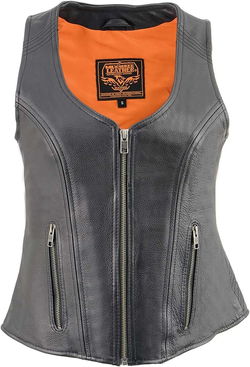 Milwaukee Leather MLL4530 Women's Black Leather Open Neck Motorcycle Rider Vest W/Front Zip and Stitching detail