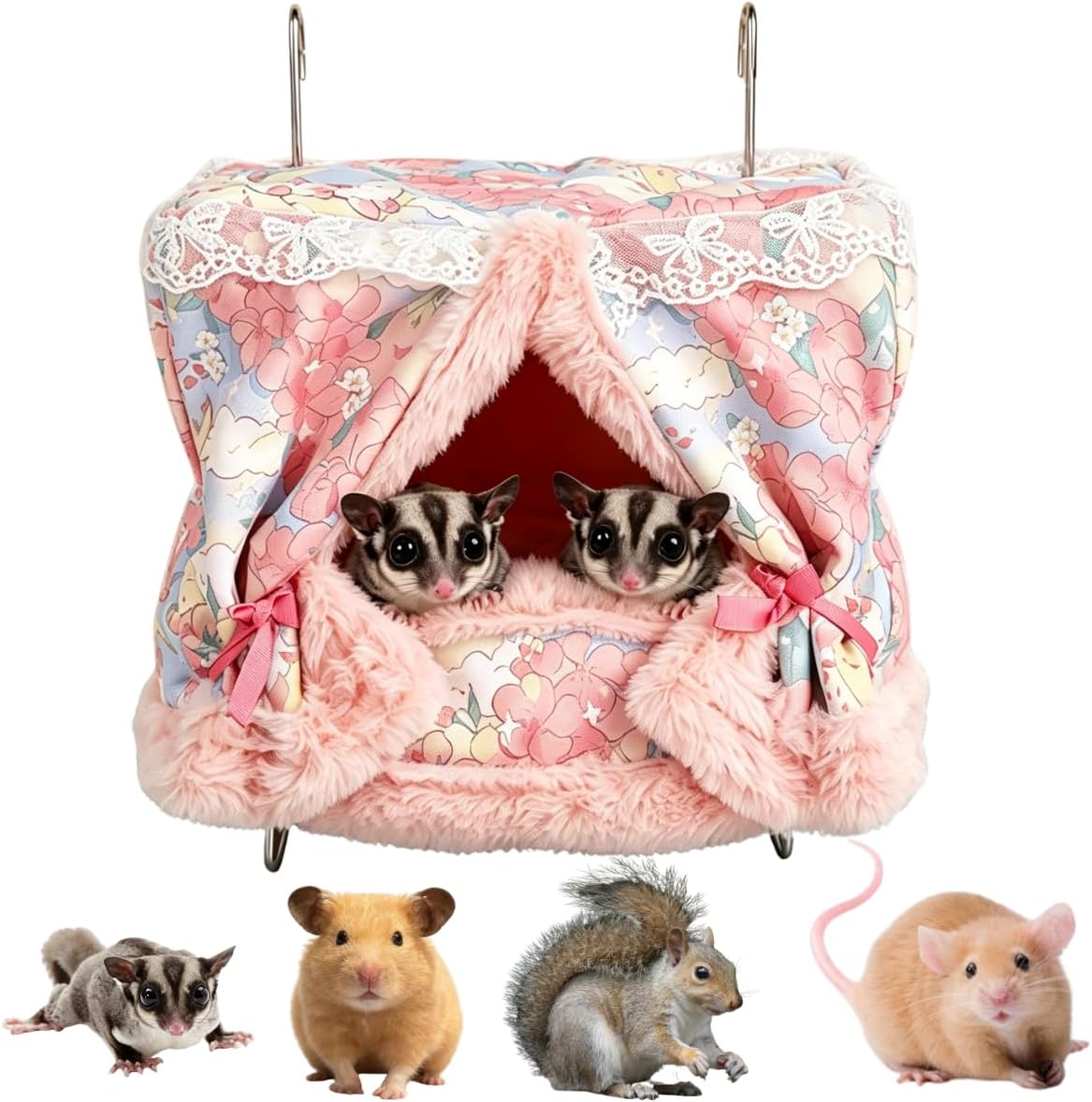 Warm Sugar Glider Bed Small Pet Hanging Hammock with Steel Frame (Pink)