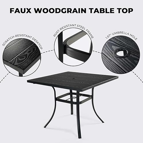 Miniatura 9 de Grand patio Juego de comedor de exterior de 5 piezas, 4 sillas de patio giratorias de mimbre con aspecto de cuero y 1 mesa de comedor cuadrada, negro