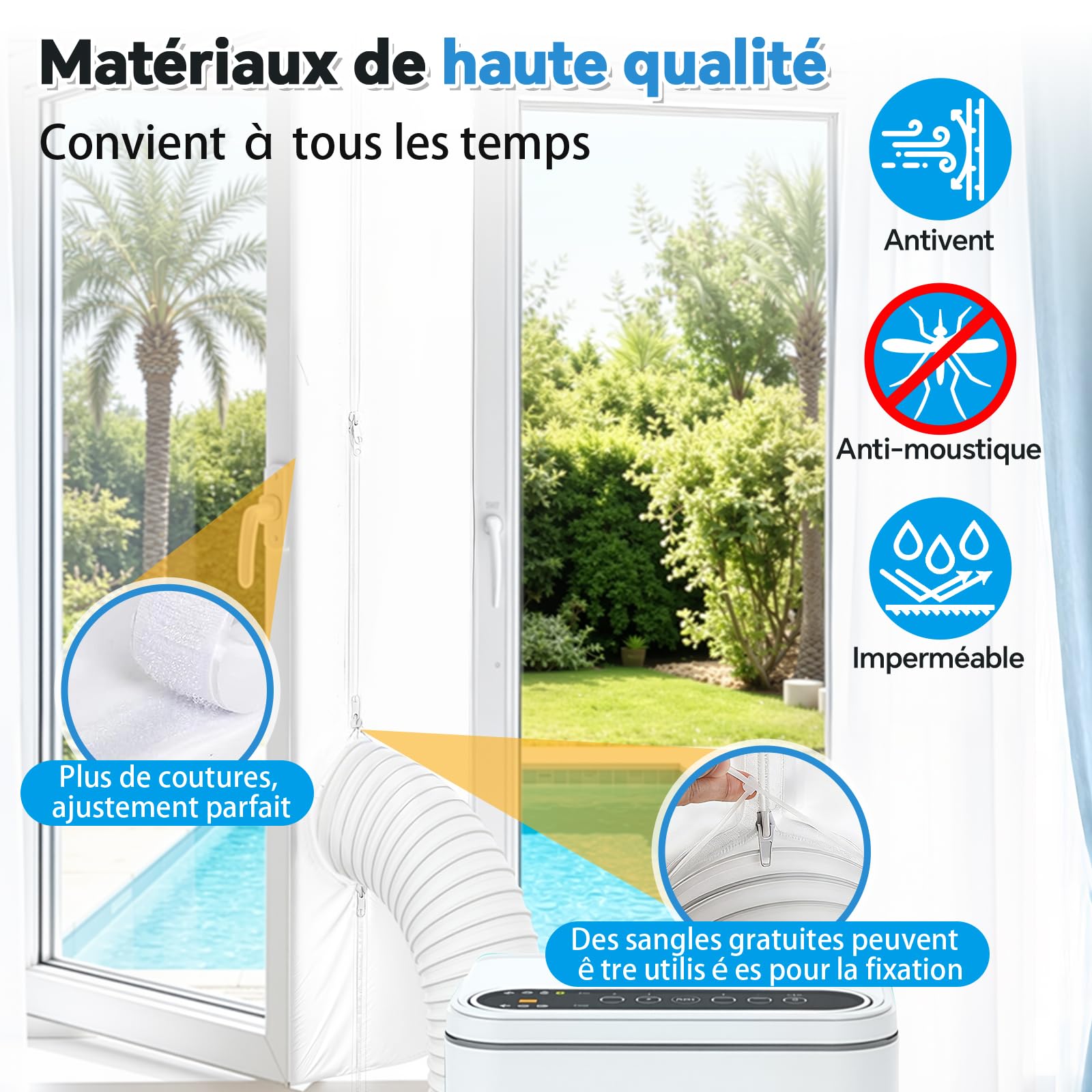Kit Tissu de Calfeutrage pour Fenêtres pour Climatiseur Mobile Portable, Joint de Fenêtre avec Double Fermeture Éclair pour Sèche-linge, Hotte, Protection contre la Chaleur