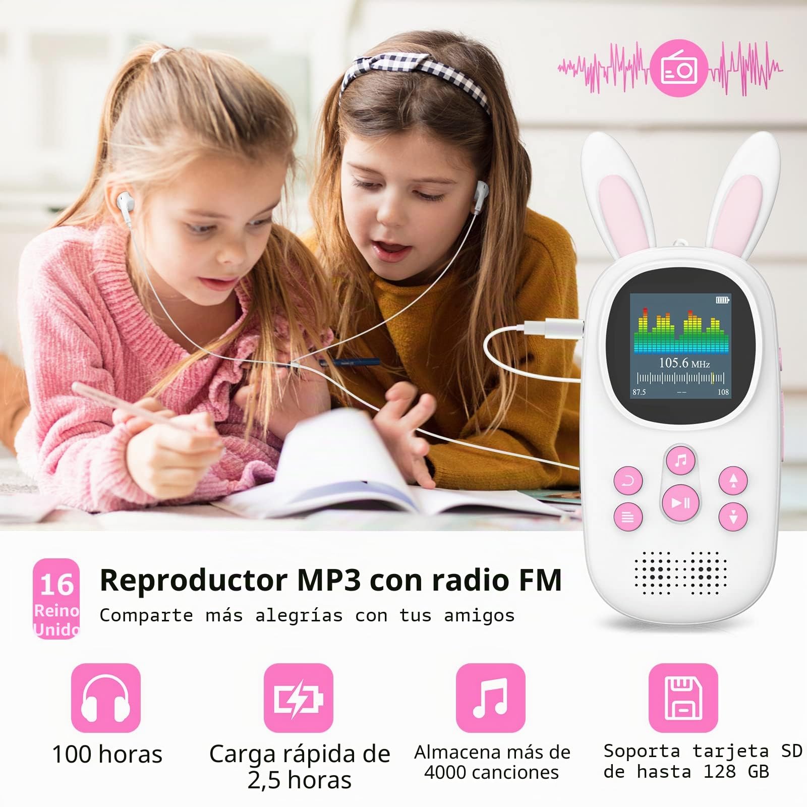 32GB Reproductor MP3 de para niños, Lindo Conejito MP3 Reproductor con Bluetooth, Música MP3 con Altavoz, MP3 Player con Radio FM, grabaciones, Alarma. soporta hasta 128 GB