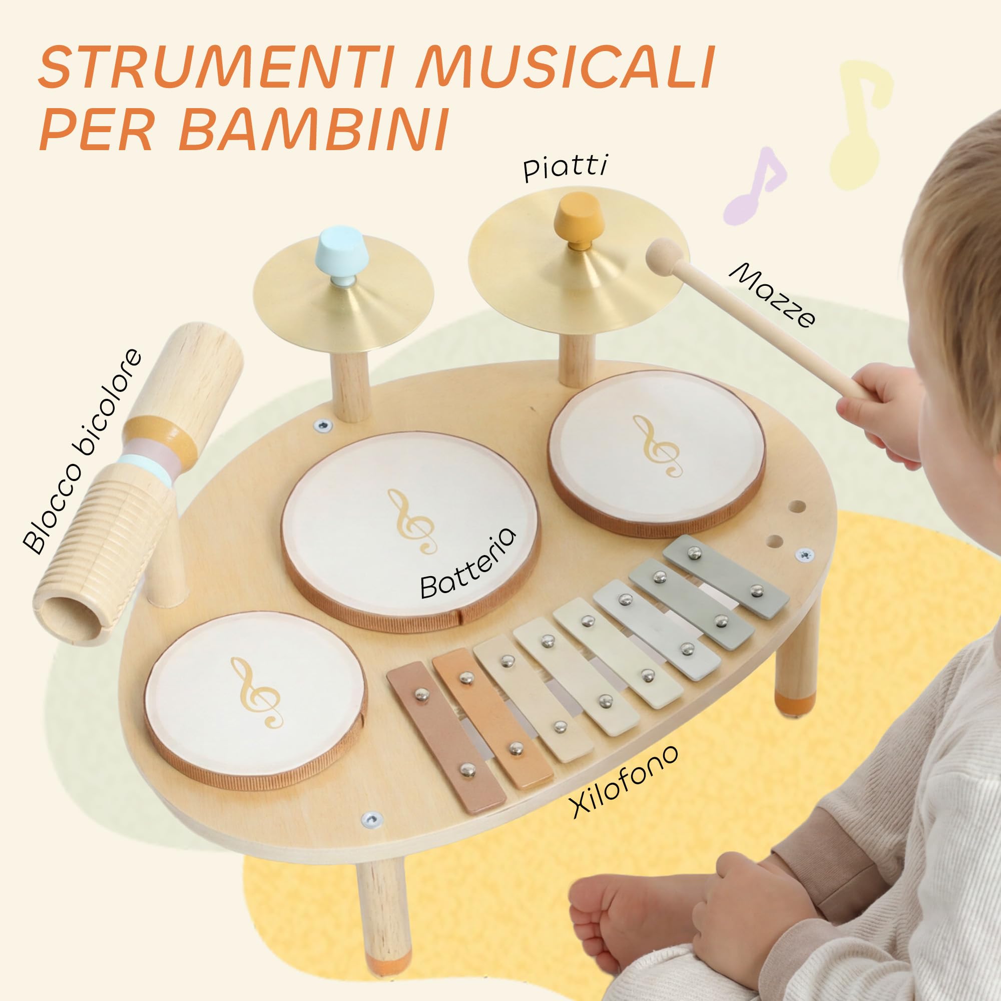AIYAPLAY Set Musicale per Bambini, Strumenti in Legno e Metallo con Tamburi e Xilofono per Età 2+ Anni, Regali Musicali per Bambini e Bambine, Colore Legno Naturale