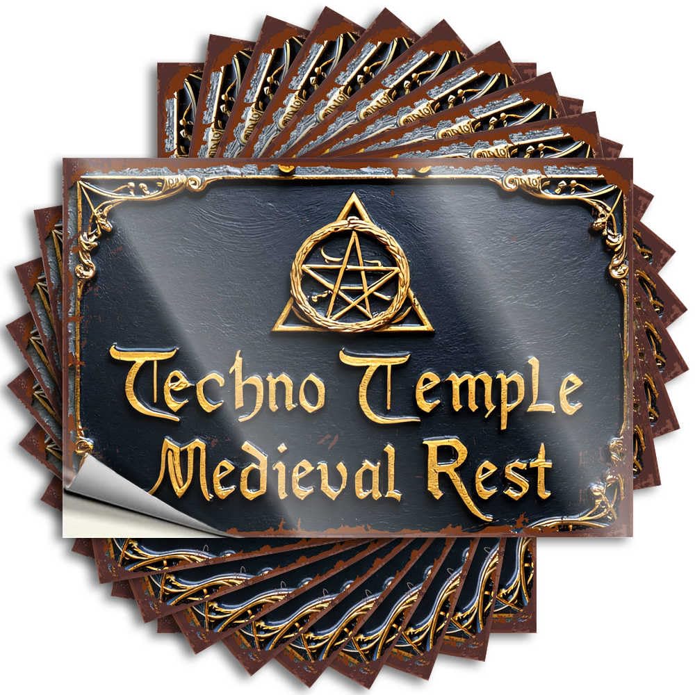 Coffee Bar Decor Sticker - Optical Illusion Billiards Helmet Golden Emblem of Techno Temple Medieval Rest(12X18CM)