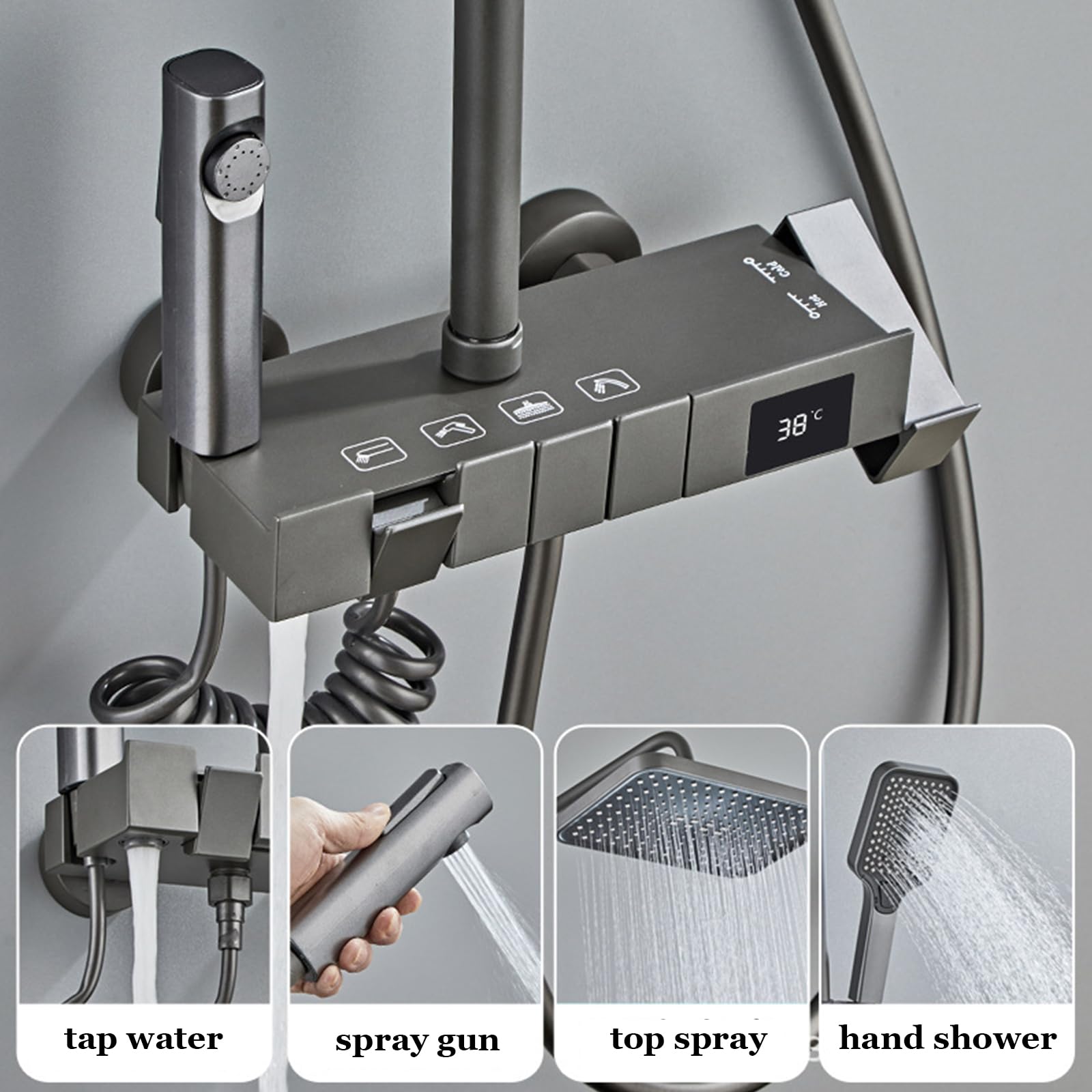 Set Rubinetto Doccia Gun Grey, Sistema Doccia con Display Digitale, Colonna Doccia A 4 Funzioni con Soffione A Pioggia da 30 * 20 Cm E Doccia Portatile A 3 modalità, Pistola A Spruzzo