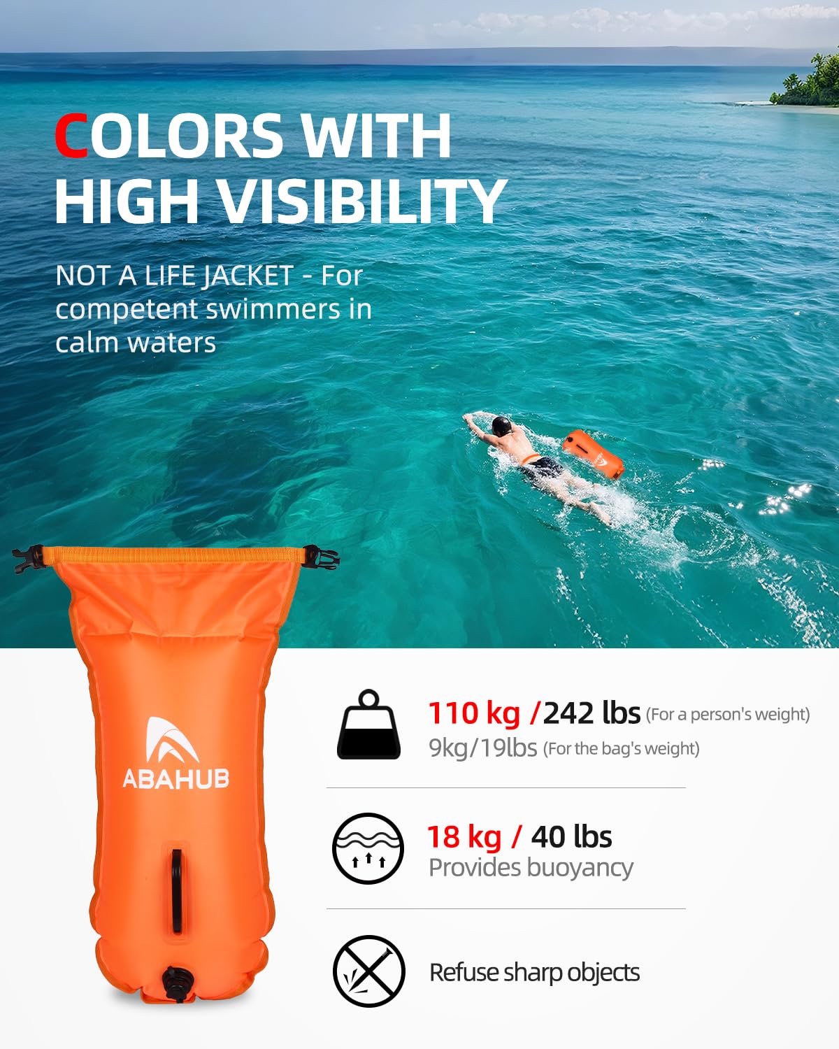 Abahub Boa galleggiante gonfiabile con sacca asciutta, 28 l, per nuotatori | Dry Bag impermeabile con fischietto di allarme, custodia per cellulare impermeabile, aiuto per il nuoto