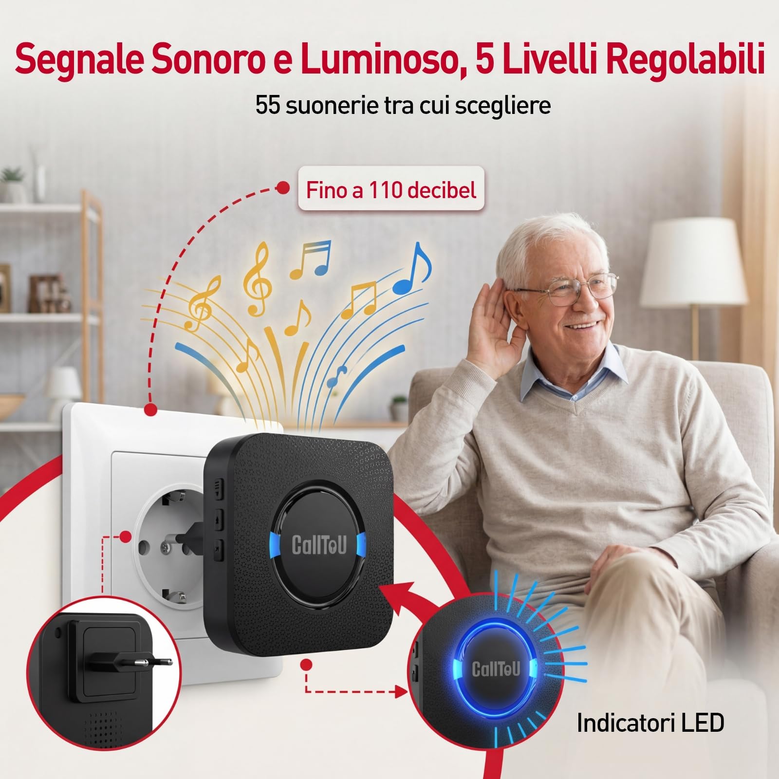 CallToU Salvavita Anziani di Emergenza Pulsante di Chiamata, Wireless SOS Anziani Pulsante Cercapersone, Oltre 500 piedi per casa/anziani/pazienti/disabili