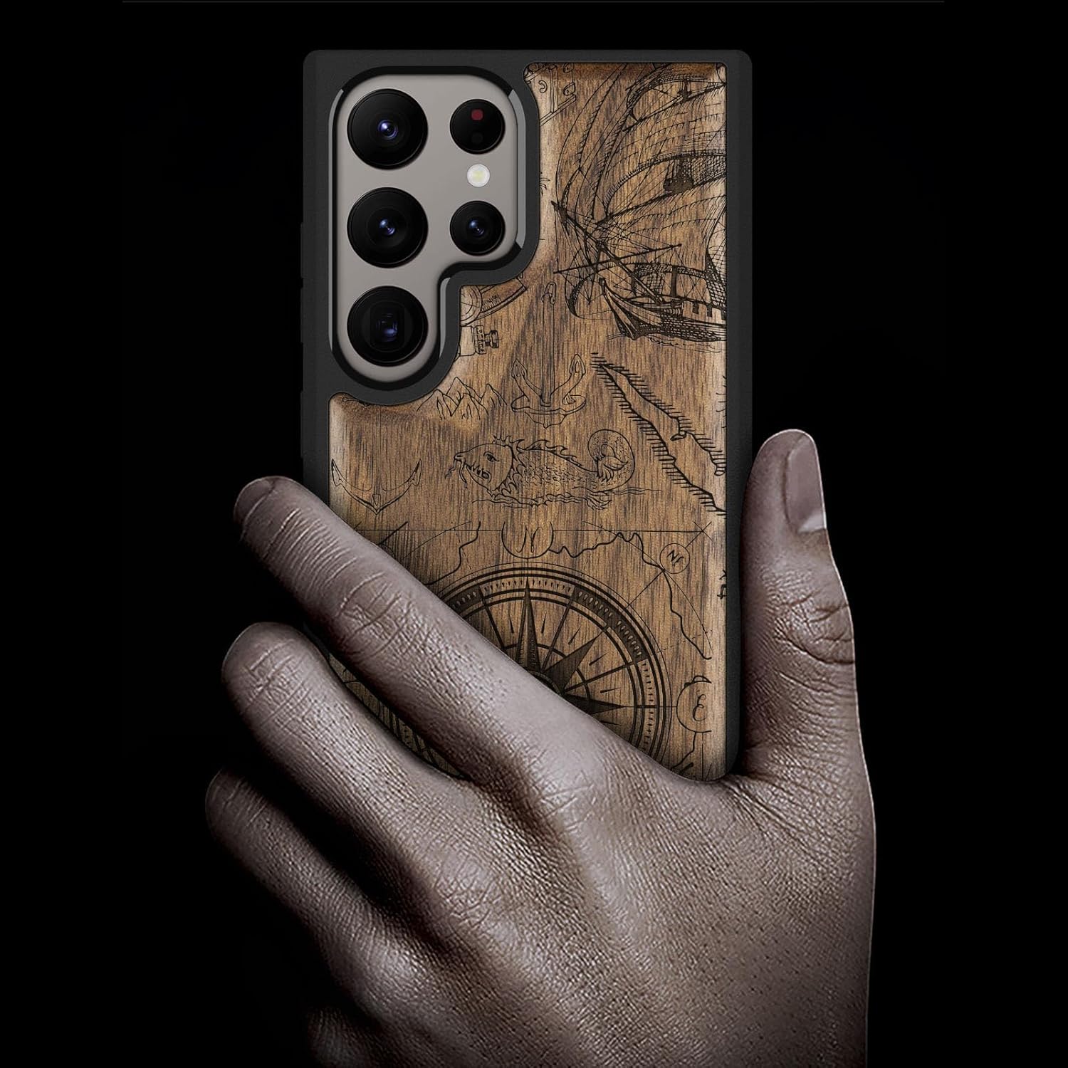 Carveit Wood Case for Galaxy S24 Ultra - Natural Wood & Black Soft TPU - Shockproof Protective Cover - Unique Wooden Design - Compatible with Samsung S24 Ultra - Vintage Pirate Compass - Walnut