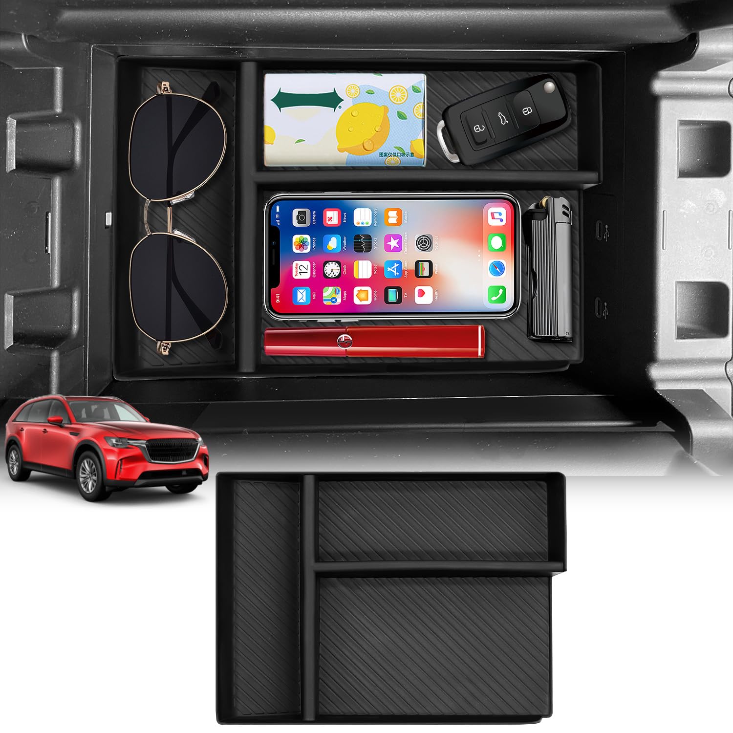 Mazda Accessories SXCY Center Console Organizer For 2024-2025 Mazda CX90 CX70 - TPE Armrest Storage Tray Mazda CX90 Accessories