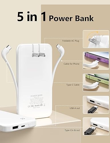 Miniatura 8 de Alongza Cargador portátil de 10000 mAh con cables incorporados, banco de energía con enchufe de pared, cargador de viaje externo ligero