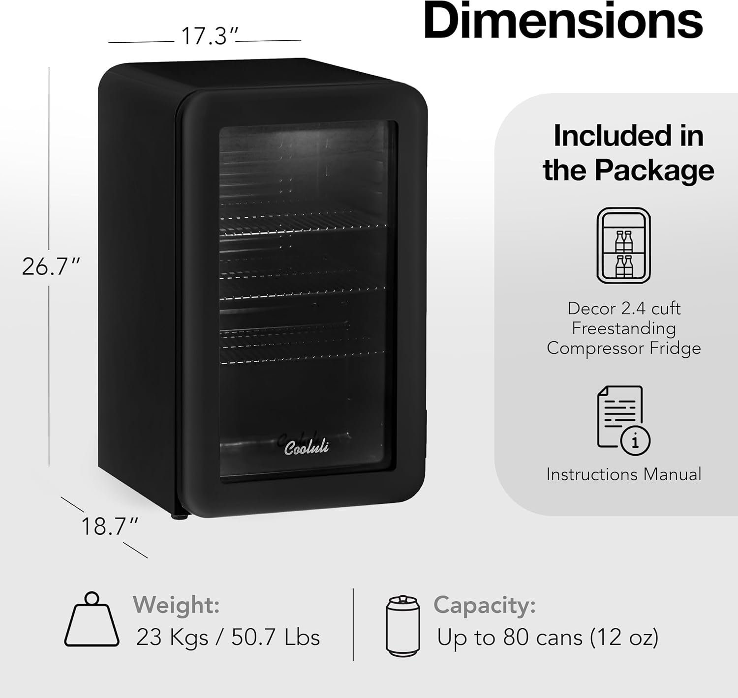Cooluli Decor 2.4 cu ft Compact Mini Fridge with Glass Door - Small Refrigerator for Bedroom, Office, Dorm - Ideal for Soda Drinks, Beer (Black)