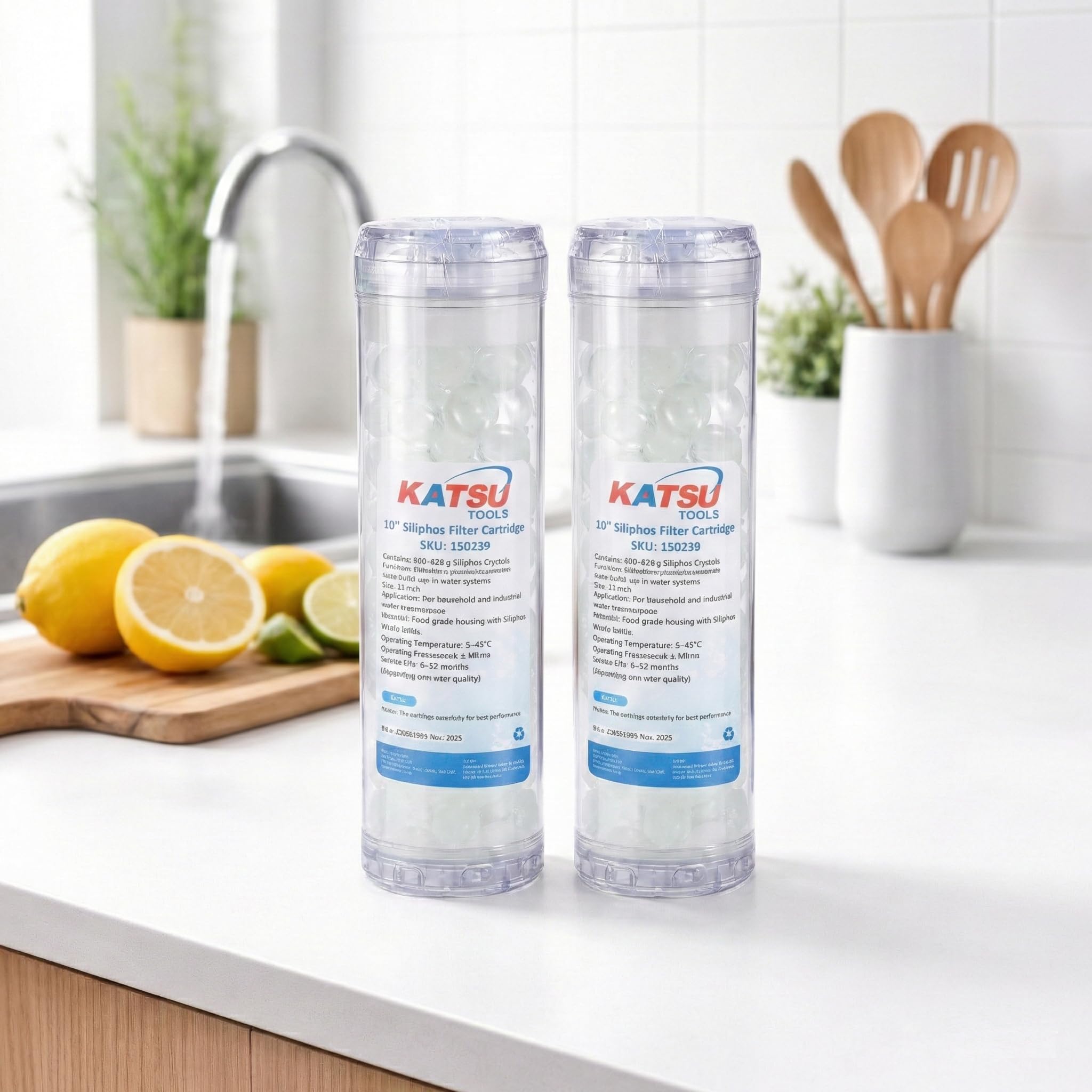 KATSU Tools Paquete de 2 cartuchos de polifosfatos para filtro de agua, removedor de escamas de cal, cartucho de filtro de silifos de 10 pulgadas, cristales de silicofosfato, modelo 150230