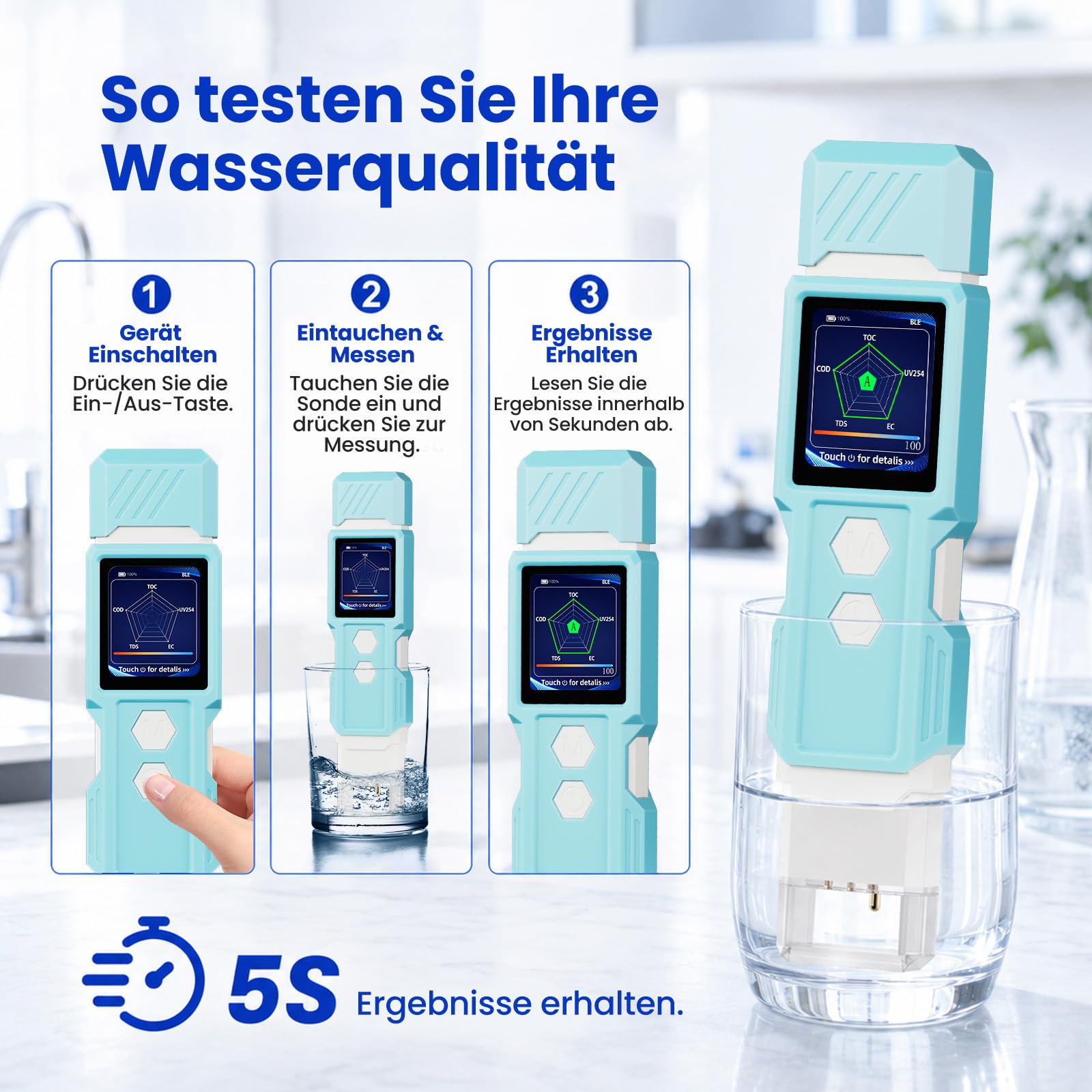 Tester dell'acqua potabile 6 in 1, tester digitale per acqua potabile TDS, EC, temperatura, TOC, COD, UV245, tester di qualità dell'acqua per acqua di rubinetto, acqua di pozzo, filtro RO