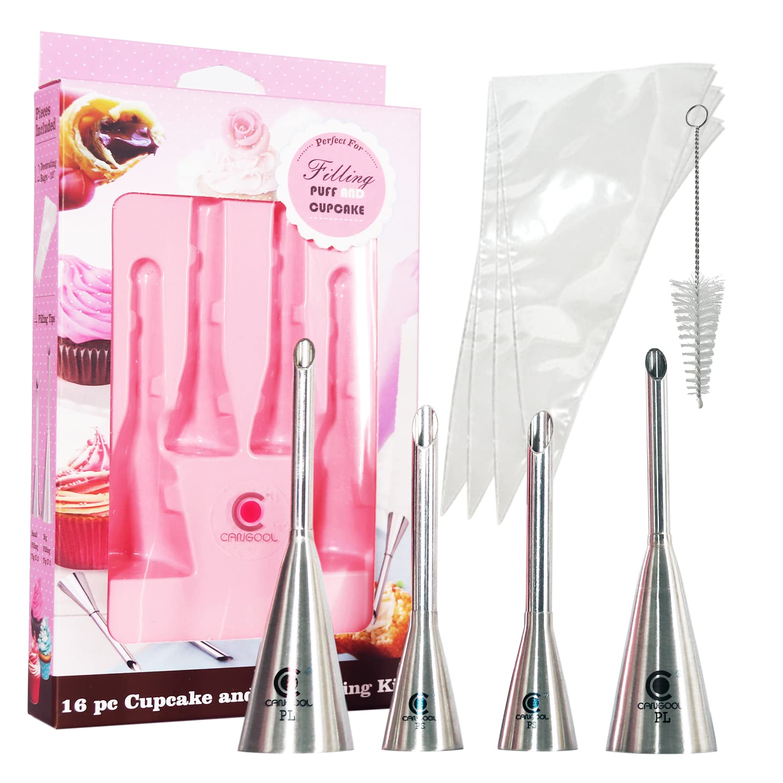 Cangool Cupcake Filler Tool and Puff Filling Kit Icing Tips and Piping bags 16-Piece Set
