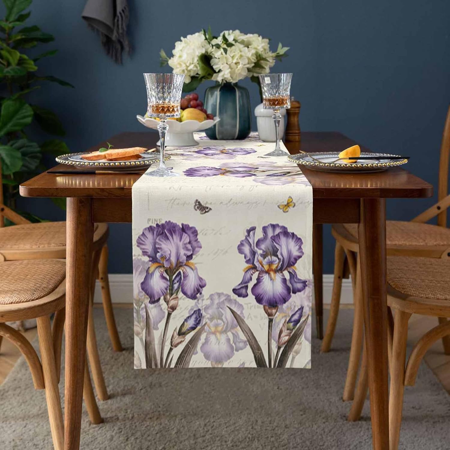 Vintage Blossom Flower Iris Table Runners 18x72 Inches Long Linen Burlap Table Runner, Pastoral Purple Floral Butterfly Table Cover Dresser Scarf for Kitchen Dining Holiday Party Wedding Gathering