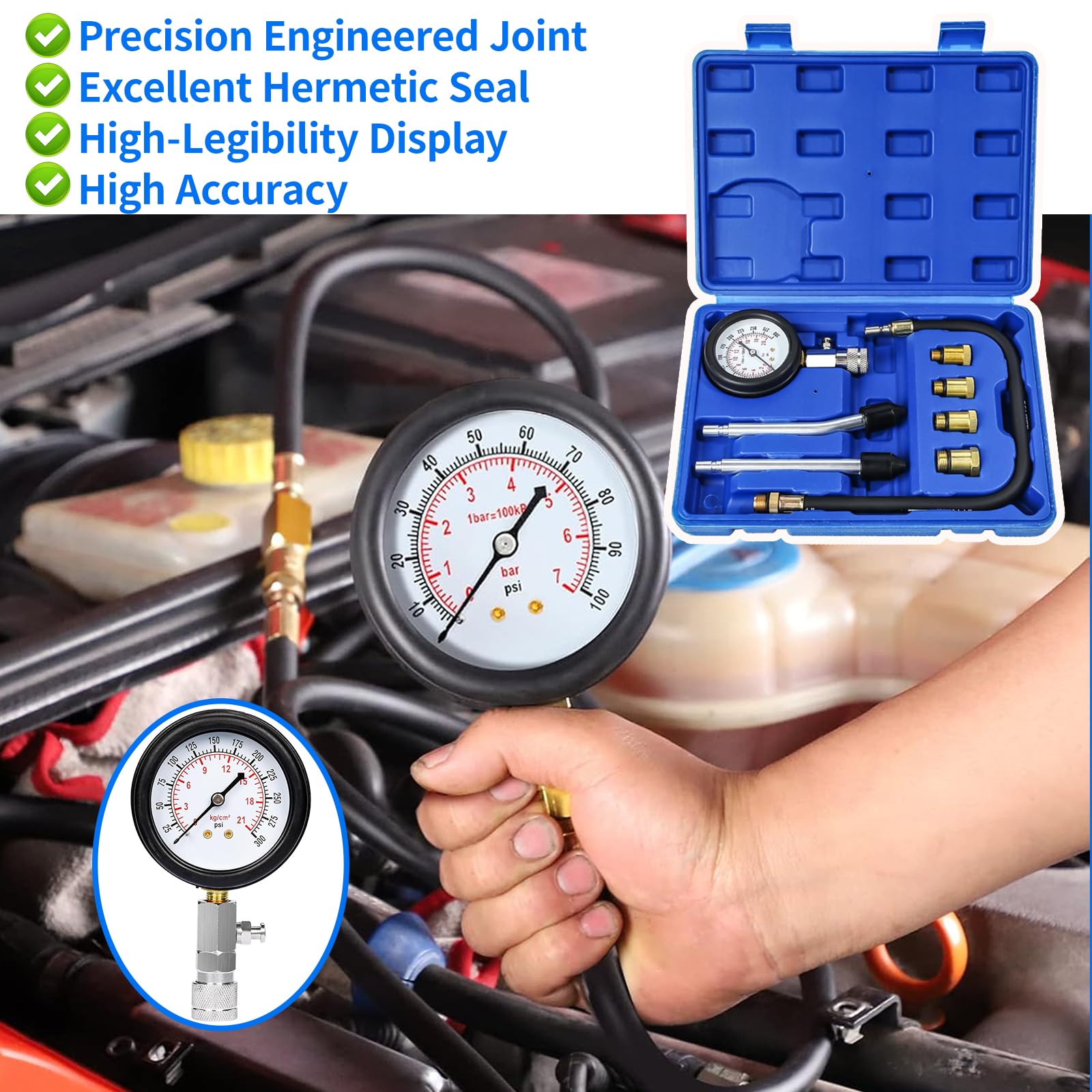 Zorplex Kompressionstester Set mit Manometer 0-21 Bar / 0-300 PSI, Kompressionsmessgerät für KFZ Auto Motorrad LKW Benzin Motor, Inkl, 4 Adapter M10 M12 M14 M18, Kompressionsprüfer Werkzeug (Blau)