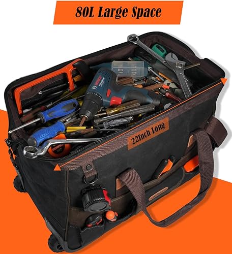 Miniatura 5 de WELKINLAND Bolsas de herramientas de 48 bolsillos con ruedas, Bolsa de herramientas rodante de 22 pulgadas, Bolsa de herramientas de lona encerada