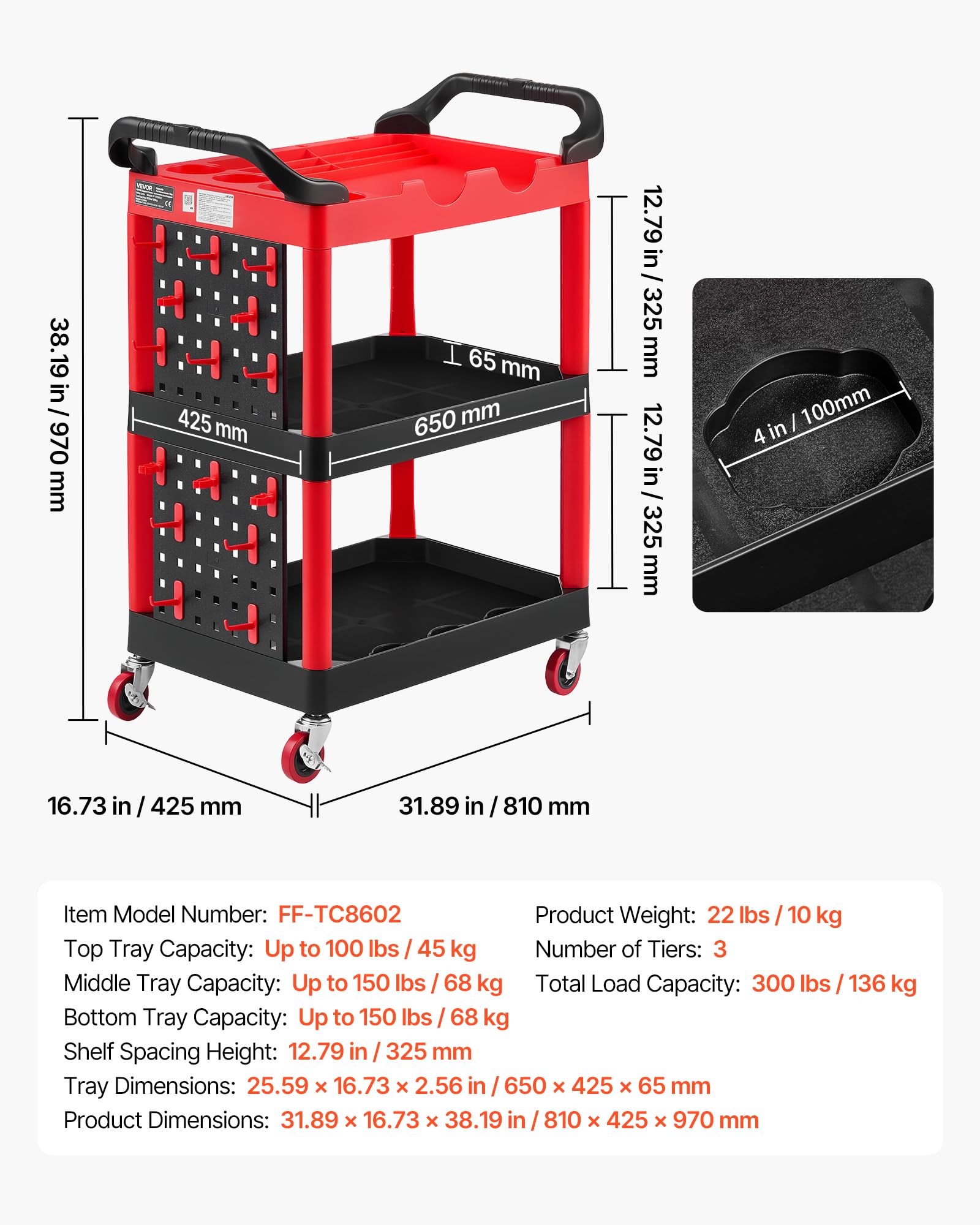 VEVOR Chariot d'Atelier Max. 136kg Chariot de Service avec Panneau Perforé