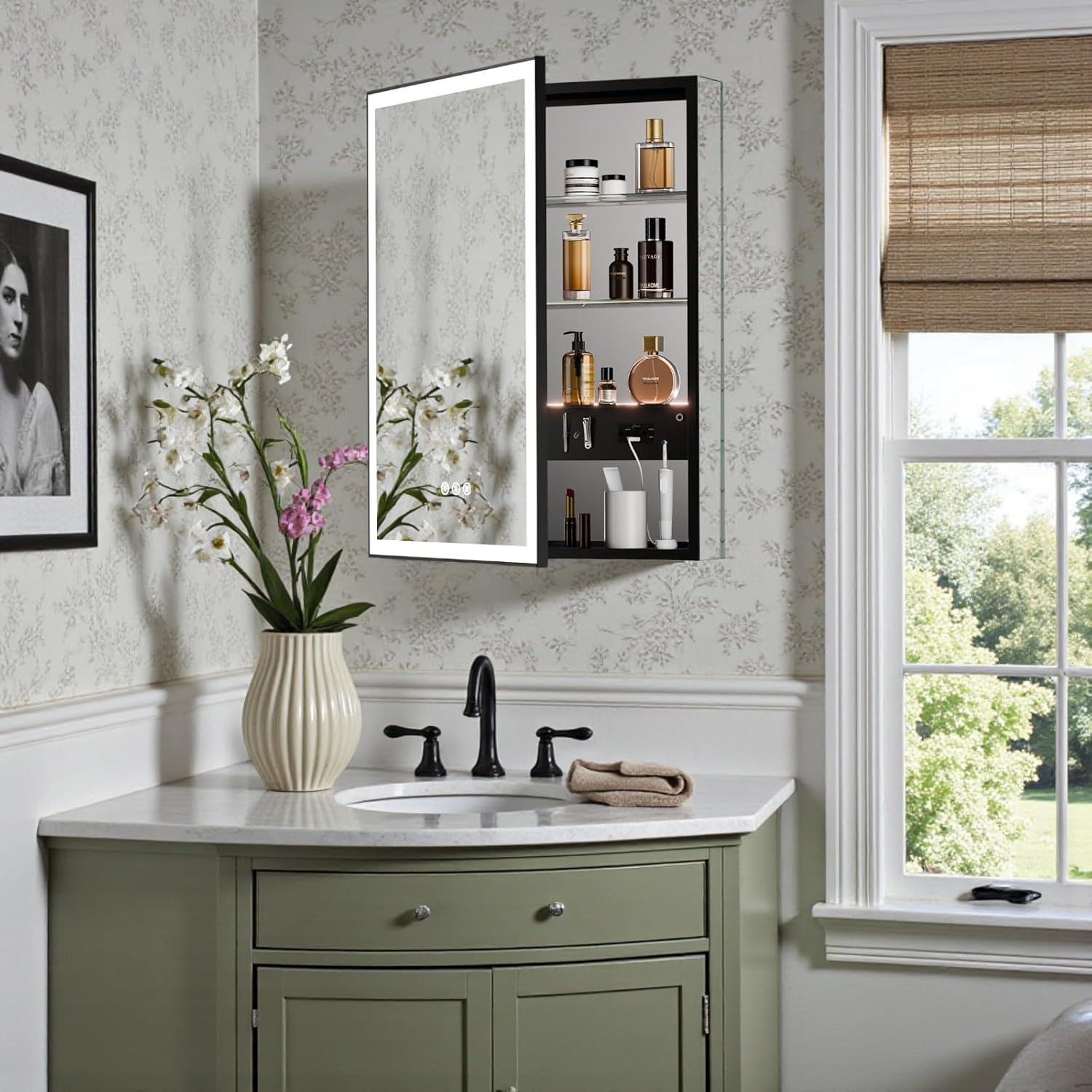 24x32 Medicine Cabinet with Mirror & LED Lights, Black Frame, Anti-Fog, 3-Color Dimmable, Aluminum, Plug-in/Hardwired, Surface or Recessed Mount, USB & Outlets, Magnetic Storage Area