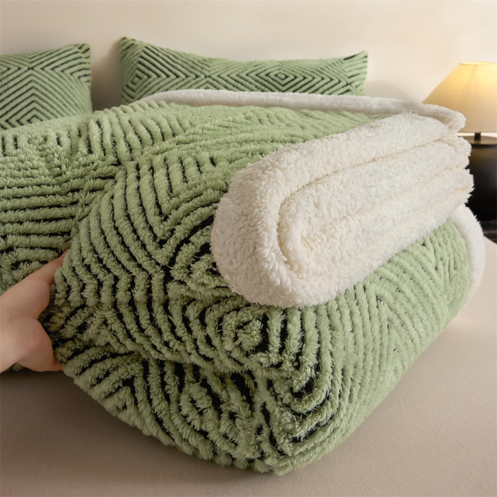 ENEN Mantas para Sofa Cama de Sherpa, Forro Polar Cálido + Sherpa Suave Sábanas Manta Felpa Invierno Textura Jacquard Blanket para Mascota Cama Habitacion Dormitorio (Hierba Verde,180x200cm)