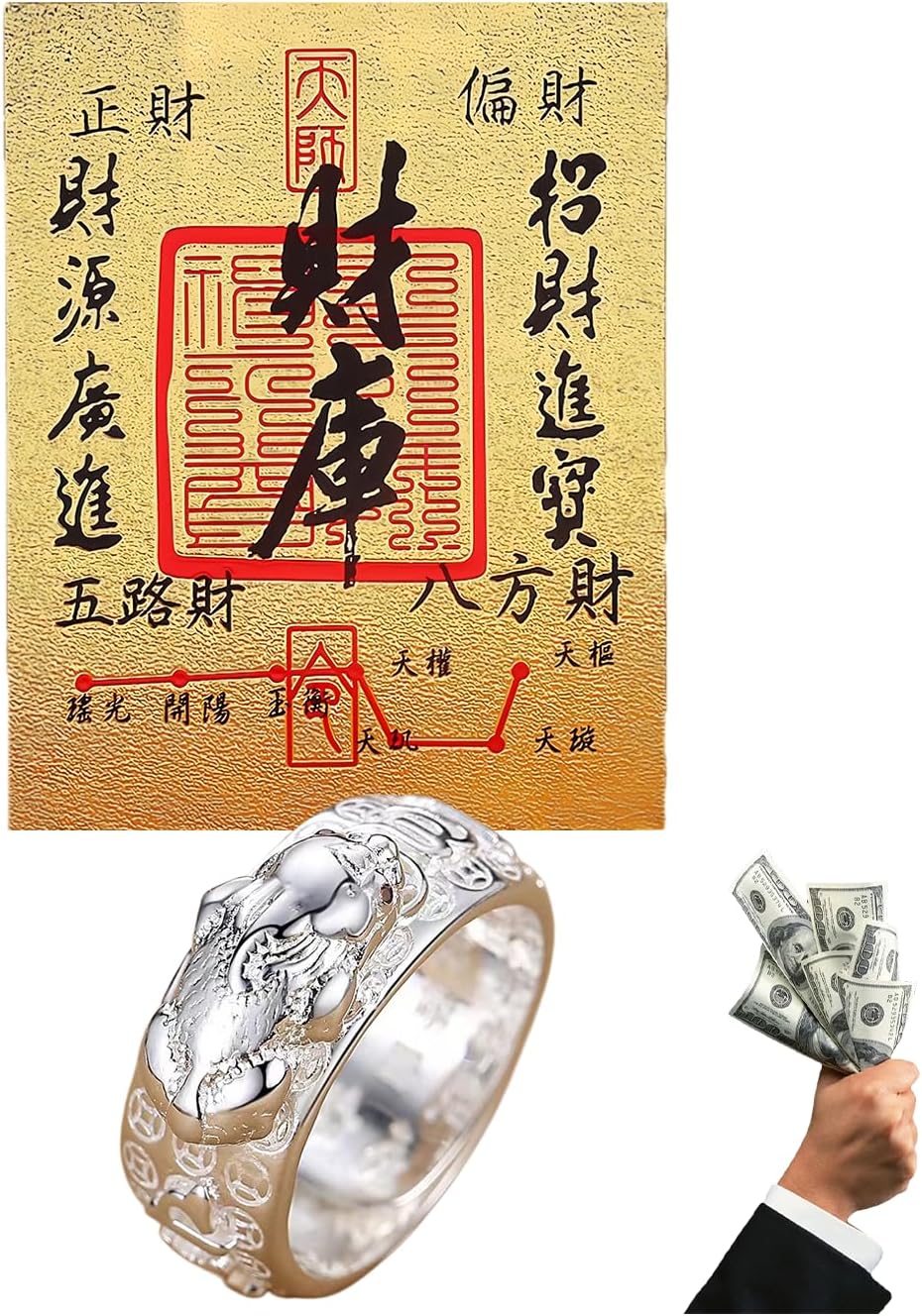 Vintage Feng Shui PiXiu Mantra Ring, Open Engraved Lucky Card Wealth Adjustable Win Protection Jewelry for Men Women (with Gift Box)