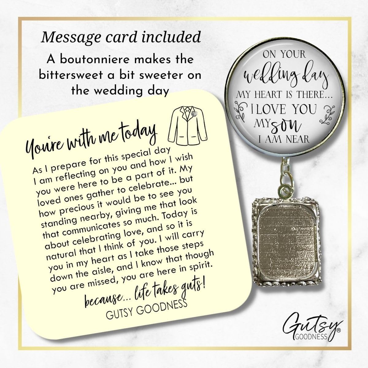 Groom's Boutonniere Pin Mom or Dad Remembrance On Your Wedding Day My Son Memorial Photo Charm for Lapel Jewelry - Handmade Pendant Parent Memory Picture Frame Men's Brooch - Card & Gift Box - Image 2