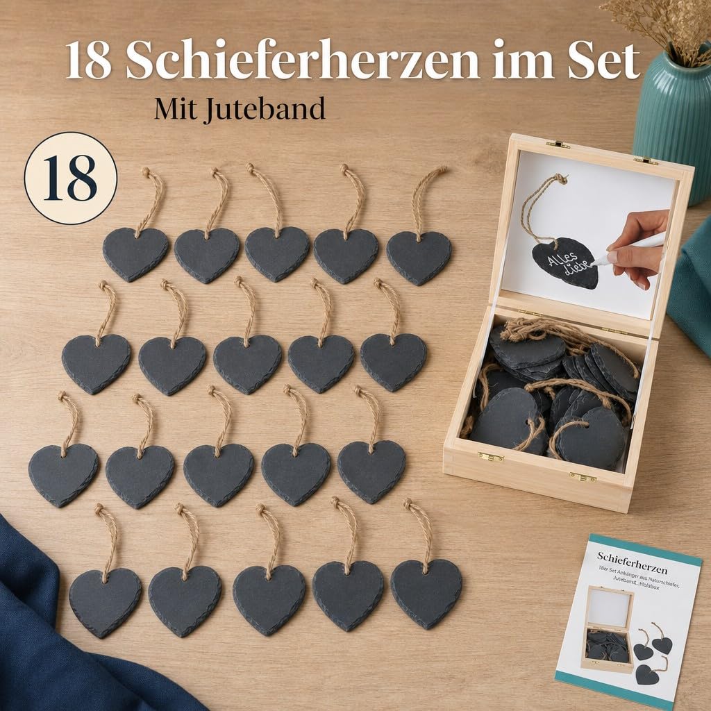 MIJOMA Schieferherzen 7x7cm – 18er Set Anhänger aus Naturschiefer mit Juteband in Holzbox – DIY Dekoration & Geschenkanhänger beschriftbar, rustikal & kreativ