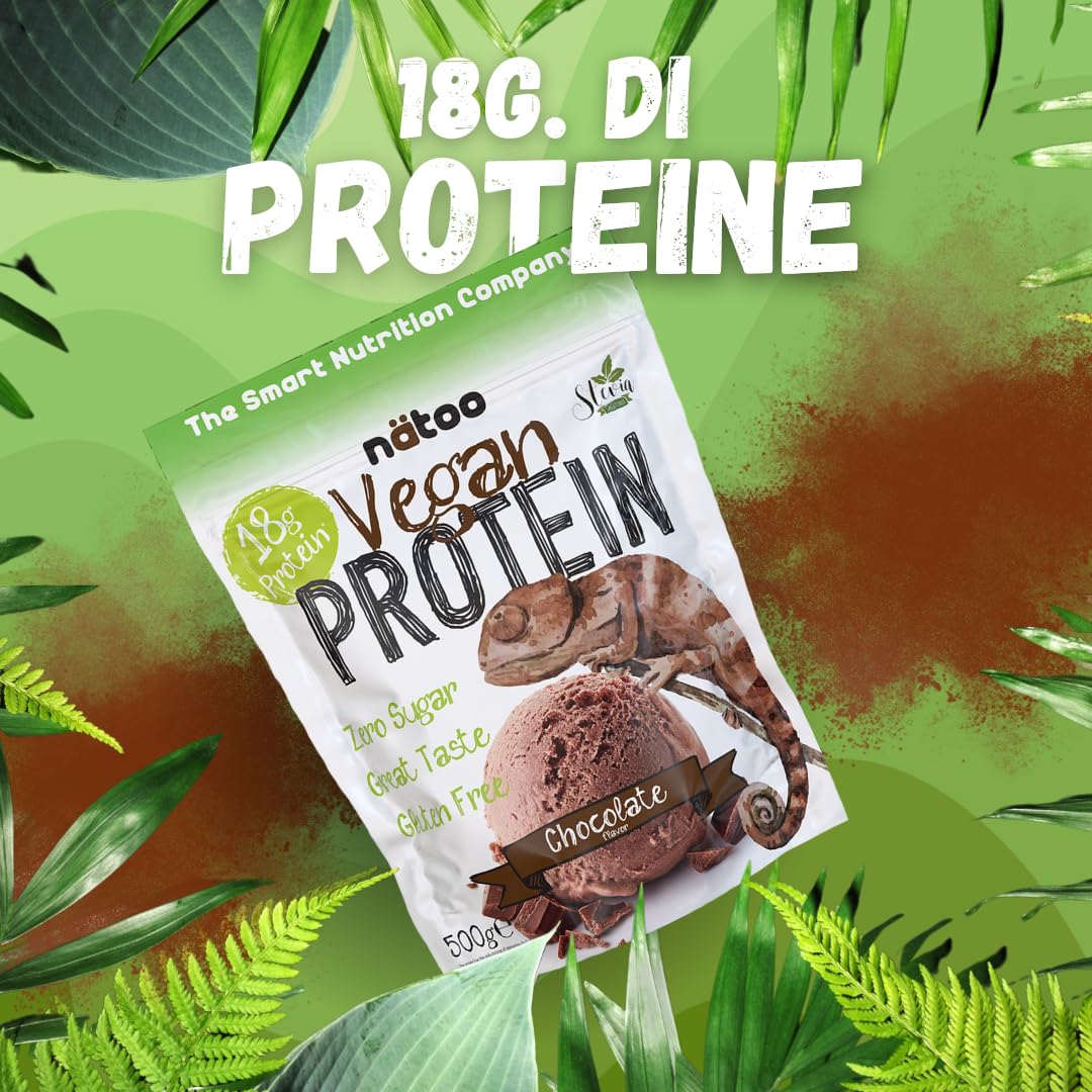 NÄTOO Proteine in Polvere Vegane - 500g Gusto Cioccolato senza Zucchero - Proteine in Polvere Isolate Vegetali provenienti dal Pisello e dal Riso - 18 grammi per Porzione - Proteine senza lattosio