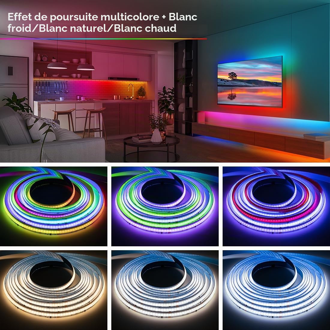 Ruban LED COB WS2814 RGBW IC FCOB 5M 896LEDs/m Bande lumineuse haute densité DC24V 10mm RGB+WW(Blanc Chaud) Ruban Lumineuse IP30 Non éTanche pour les Projets de Bricolage IntéRieurs
