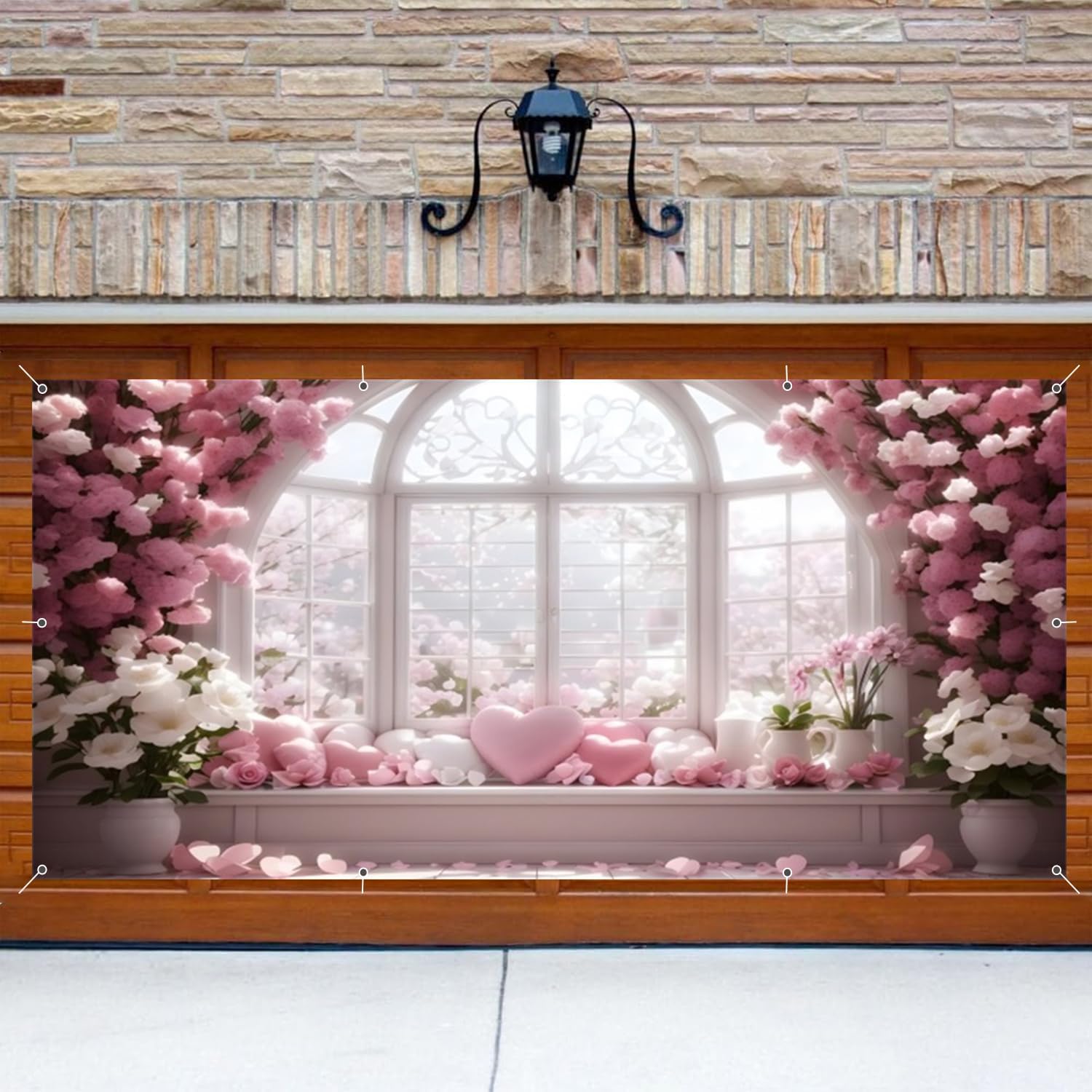 Large Valentine's Day Garage Door Banner Decorations Backdrop 7 x 16 ft Valentine Pink Rose Wall Garage Door Cover White Window Pink Love Heart Wedding Bridal Shower Party Garage Door Decorations