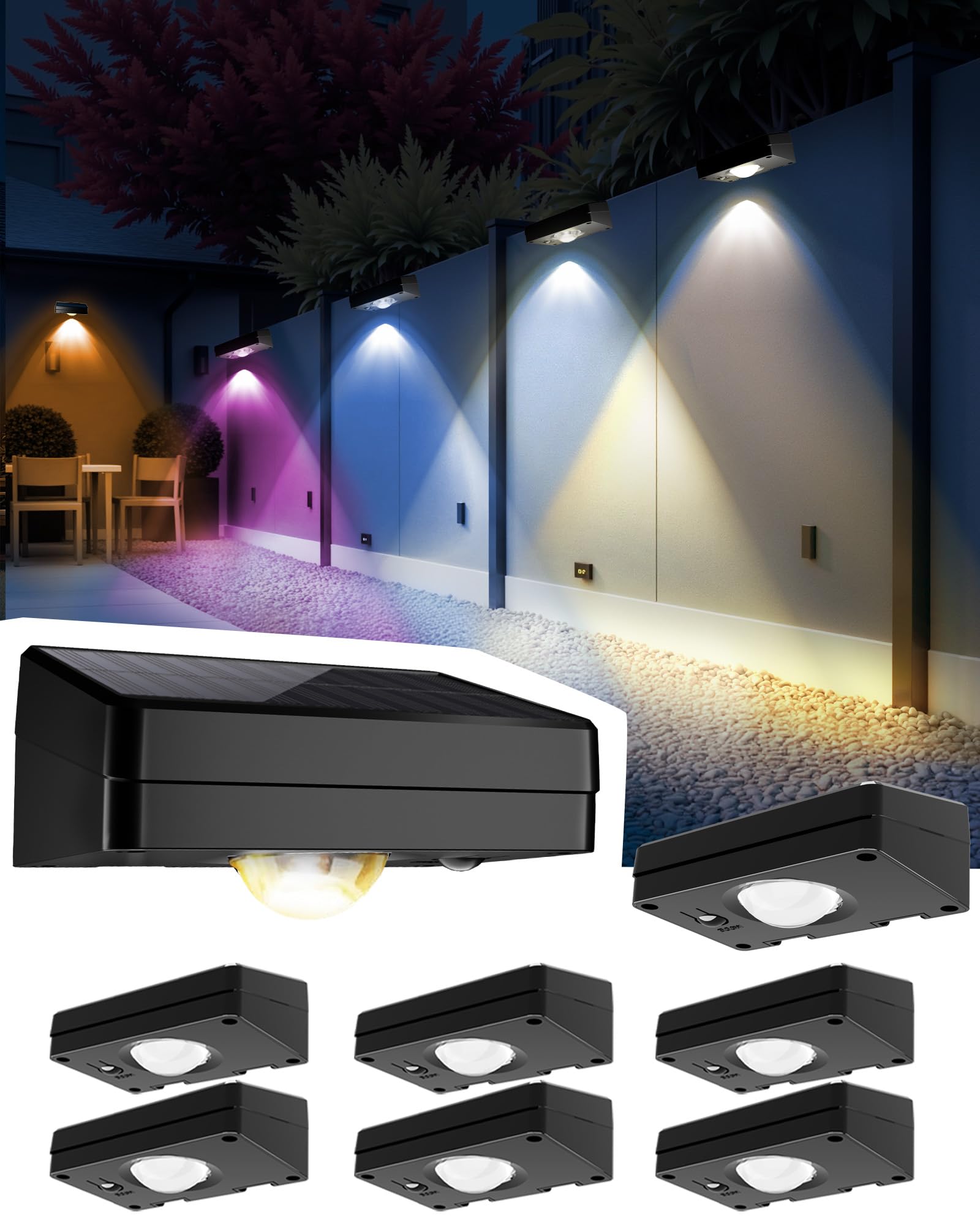 Solar Fence Lights Outdoor Waterproof 8 Pack,Solar Deck Lights with Warm & Cool White + RGB Modes (Fixed/Jump/Breath),10 Colors LED Step Lights,Dusk to Dawn Wall Lights for Patio,Yard,Stairs,Pathway