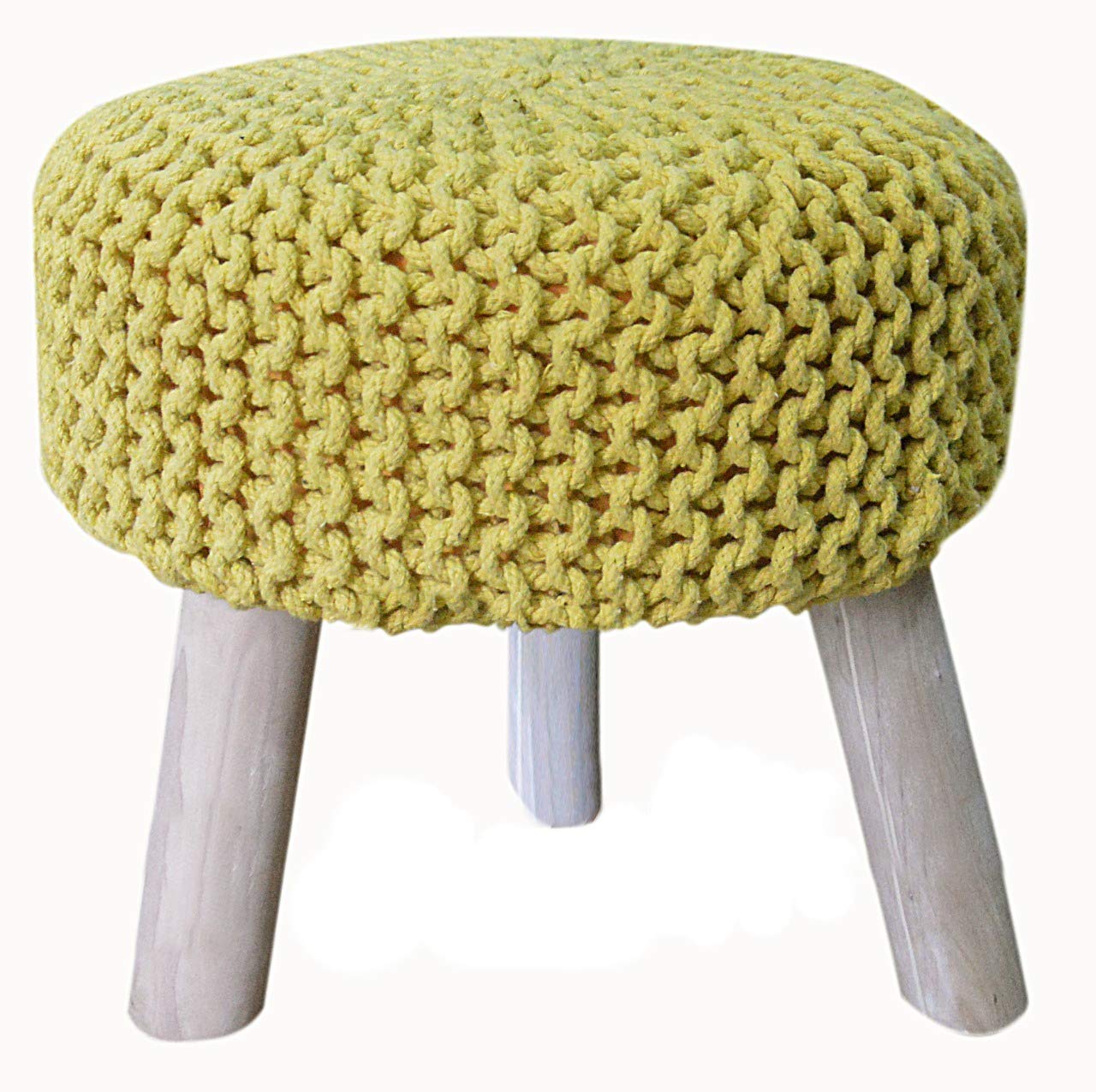 Excel Hometex Luxurious Round Nautral Hand Knit Pouf Floor Ottoman 100% Cotton Braid Cord Wooden Foot Stool (Yellow, 20