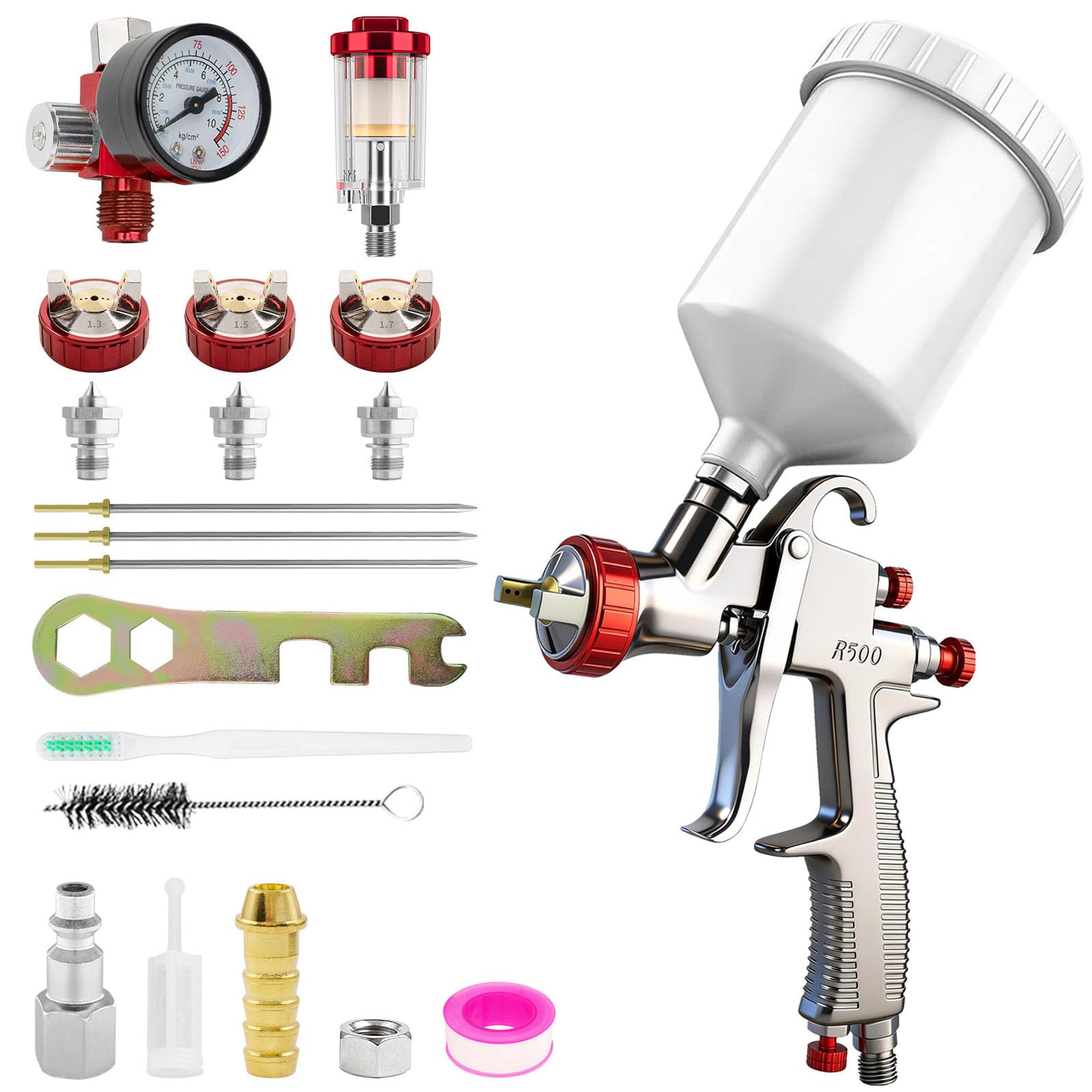 R500 LVLP - Kit de pistola de pulverización de aire premium con boquilla de 1.3/1.5/1.7 mm y regulador de aire, pistolas de pintura R500 para automóviles, pintura de casa, muebles, bricolaje