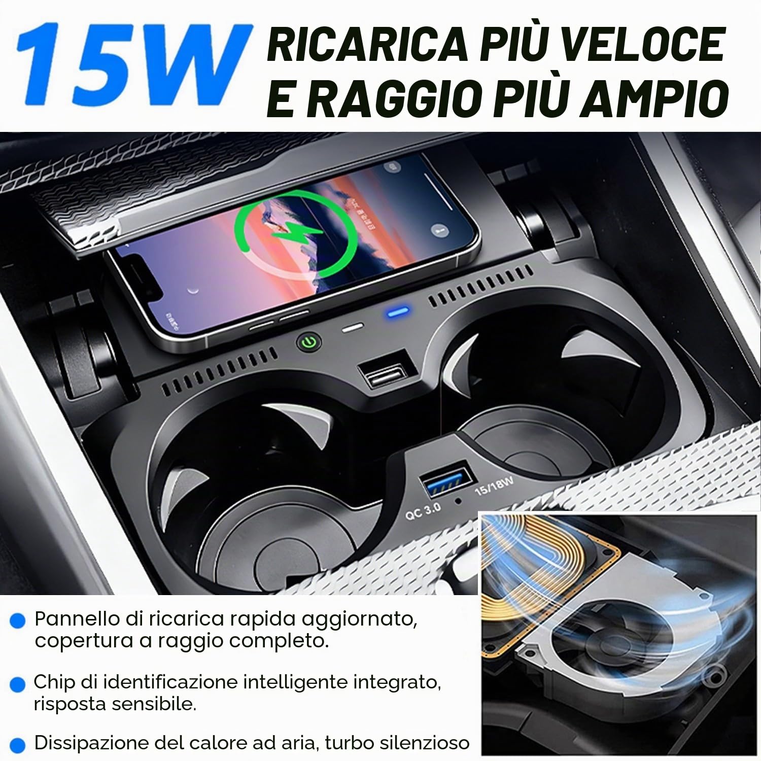 Caricabatterie Wireless per BMW 3 Series G20 2019-2024, BMW 4 Series G22 2020-2024, BMW 2 Series 2022-2024, OEM personalizzato con QC3.0 USB Rapida Ricarica Telefono Pad (Non per NFC)(black)