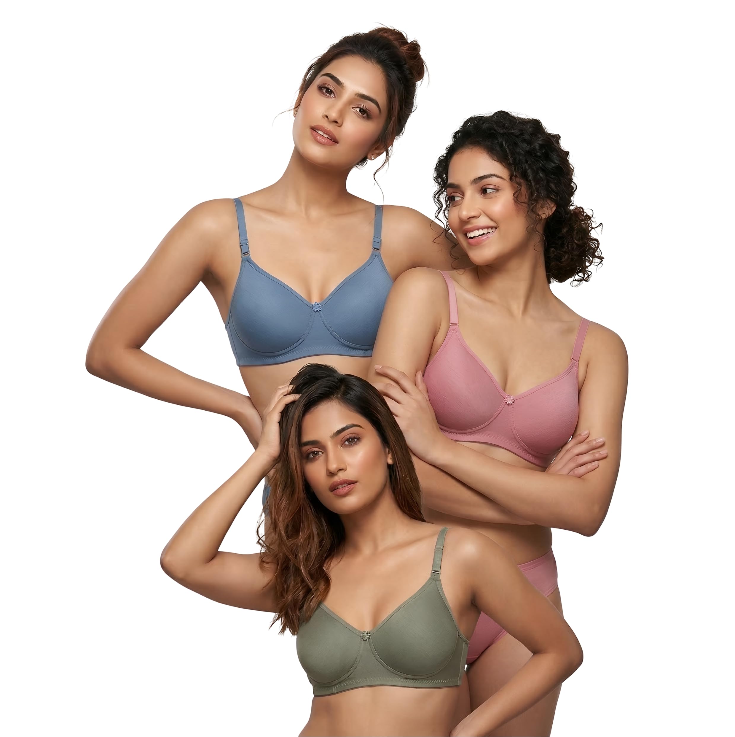 Women's Pure Cotton Blend Lightly Padded Bra (Pack of 3) | Full Coverage Wirefree T-Shirt Bra | Soft Breathable Everyday Bra | Adjustable Straps | Comfortable Multicolor Bra-image-44