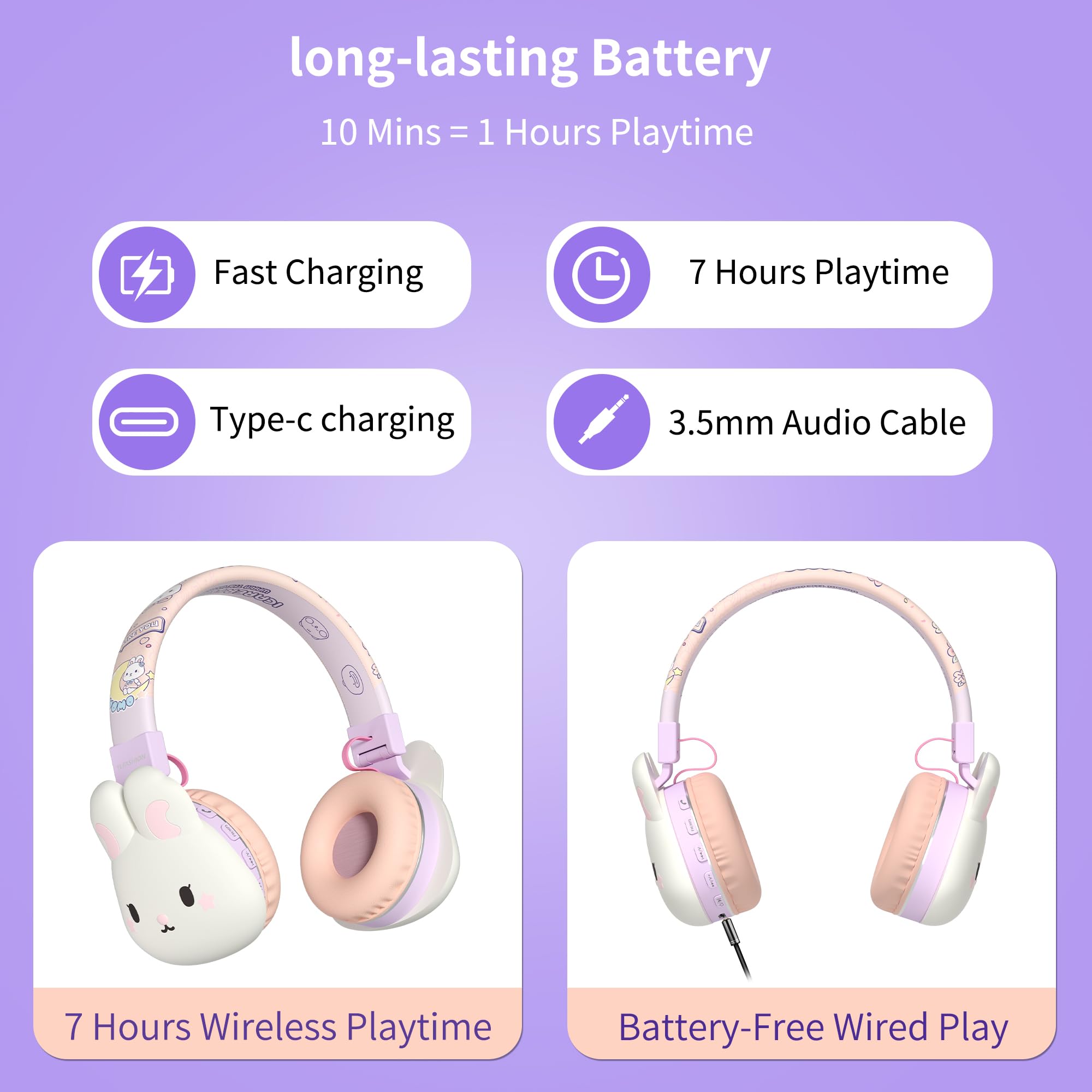 Kinder-Kopfhörer, 85 dB, sicher für 3–16 Personen, niedliches Tier-Design, faltbares und weiches Over-Ear-Headset mit Mikrofon, Bluetooth 5.4, 20 Stunden Spielzeit, kabellos/kabelgebunden/FM