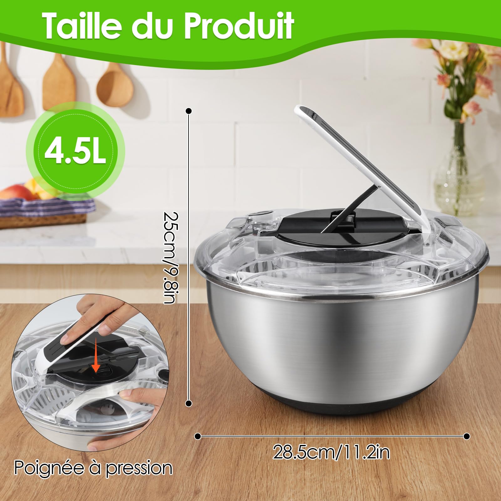 Essoreuse à Salade 4,5L en Acier Inoxydable Grande, Panier a Salade avec Couvercle, Base Antidérapante, Salad Spinner pour Laver et égoutter Les Salades, égoutter Les Pâtes, etc.