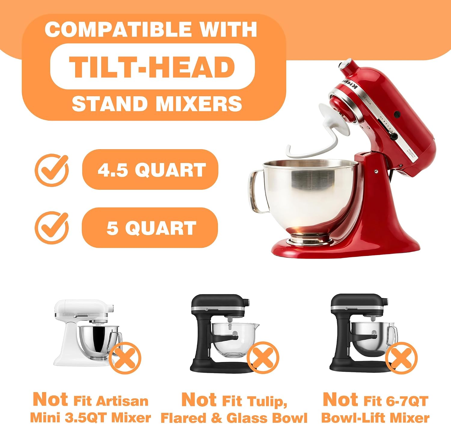 K45DH Dough Hook Replacement for KitchenAid 4.5-5QT Tilt-Head Mixers