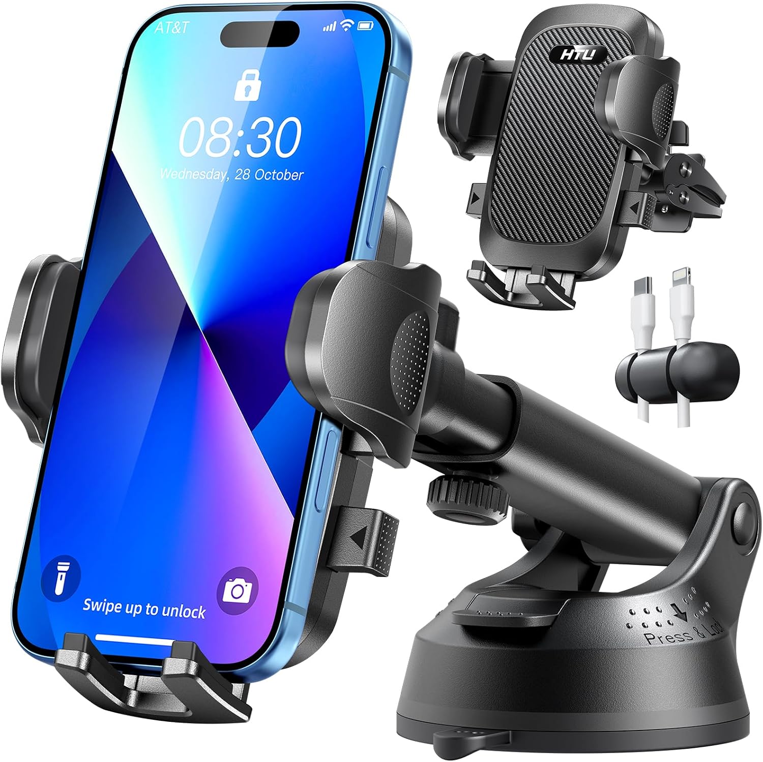 HTU Car Phone Holder【2026 Upgraded 100+LBS Suction & Safety Cert】 Cell Phone Car Mount for Truck Heavy Duty Phone Holder for Dashboard/Windshield/Vent for iPhone 17 16 Pro Max, Dark Black
