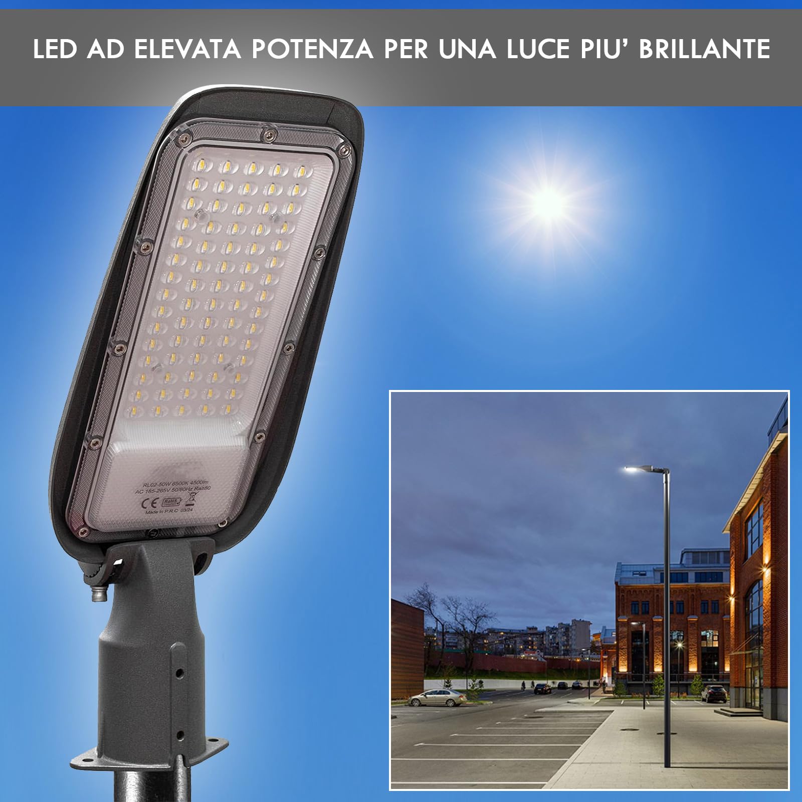 Planetitaly Faro armatura stradale IP65 esterno lampione LED 50W inclinabile 90 gradi luce viali sentieri giardino 4500lm 230V
