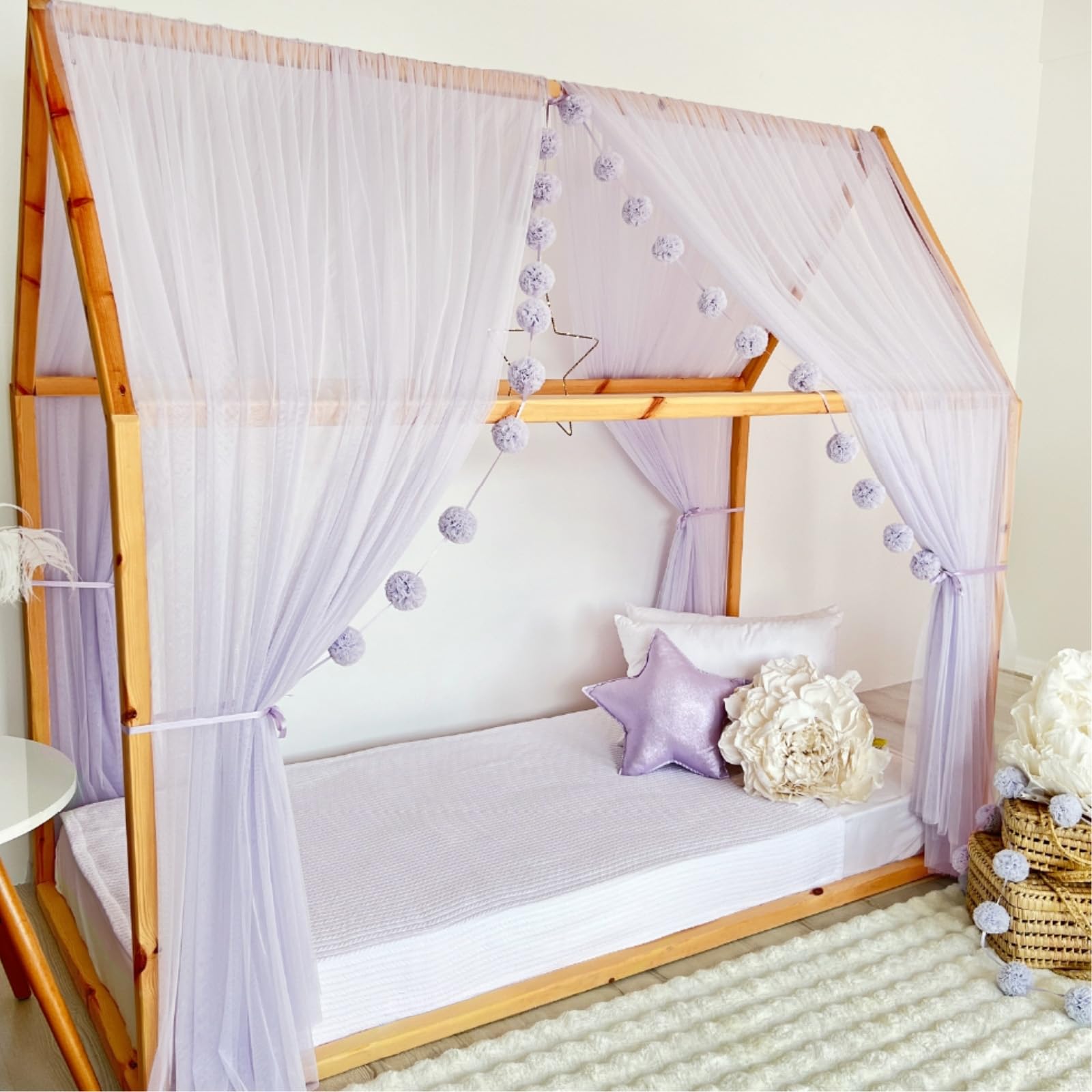 Tenda a baldacchino per letto della cameretta dei bambini, decorazione per letto montessori, tenda da gioco in morbido tulle per bambini piccoli (viola, 380 cm, senza accessori)